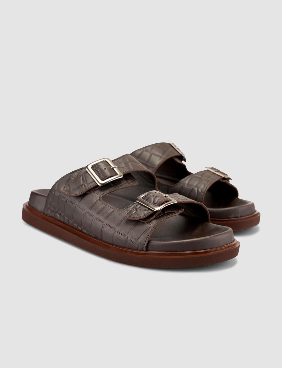 100% Genuine Leather Crocodile Pattern Brown Men's Slippers