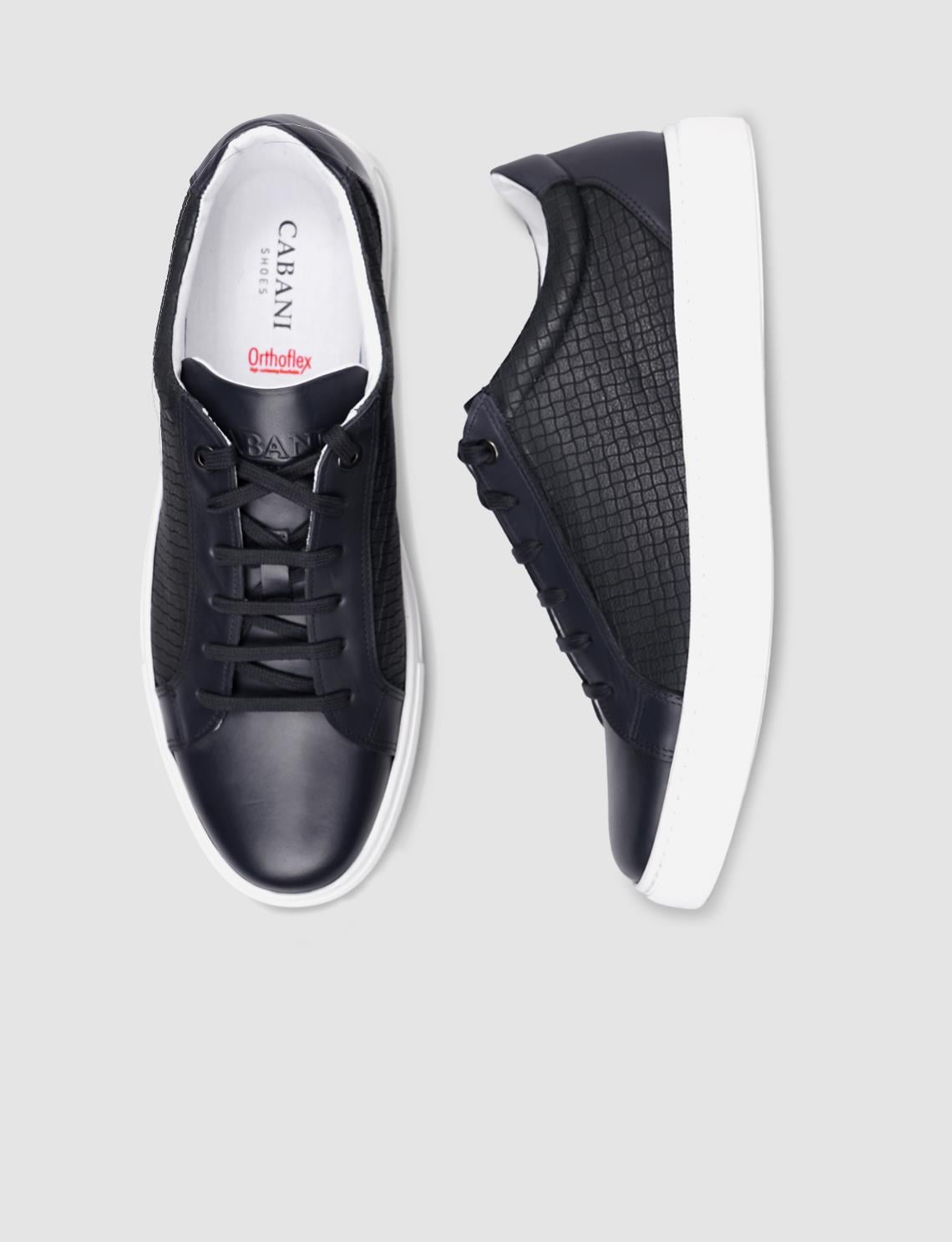 100% Genuine Leather Navy Blue Square Patterned Lace-up Men's Sneaker