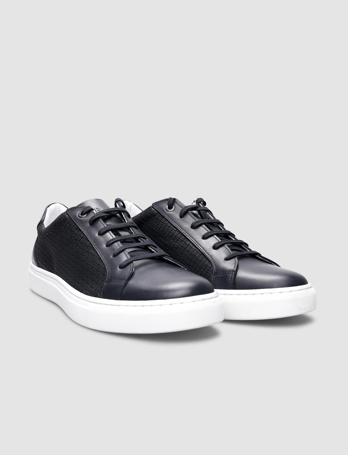 100% Genuine Leather Navy Blue Square Patterned Lace-up Men's Sneaker