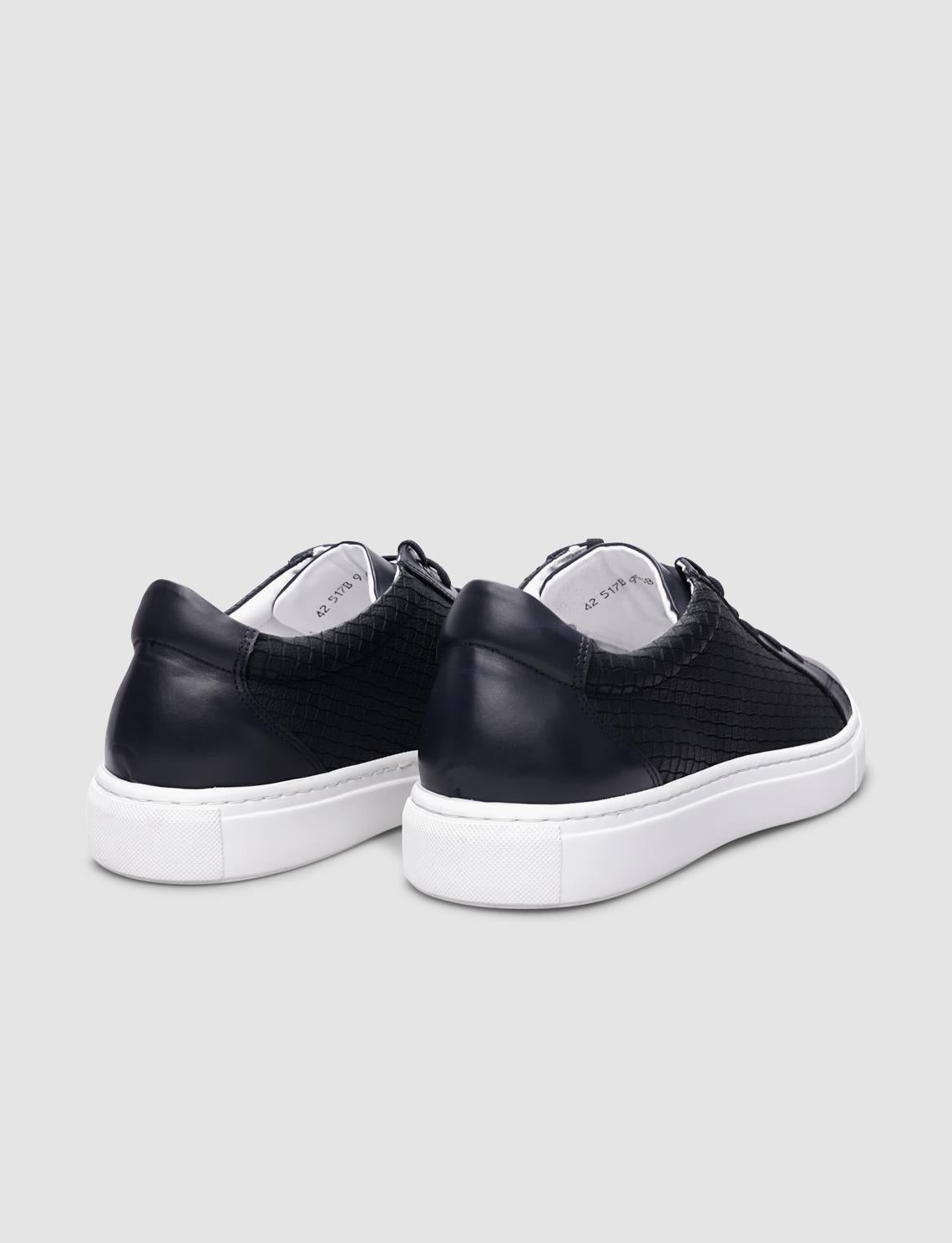 100% Genuine Leather Navy Blue Square Patterned Lace-up Men's Sneaker