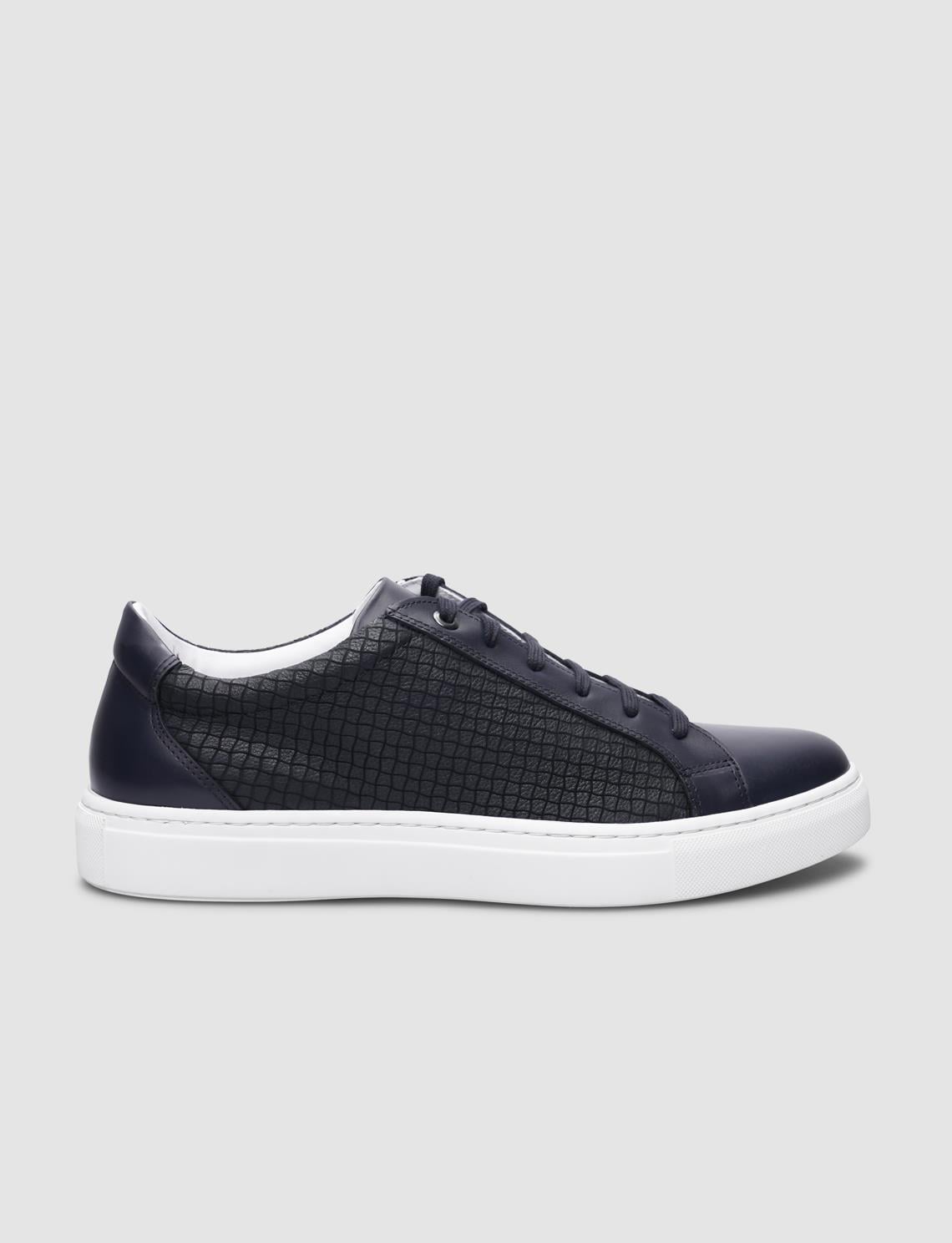 100% Genuine Leather Navy Blue Square Patterned Lace-up Men's Sneaker