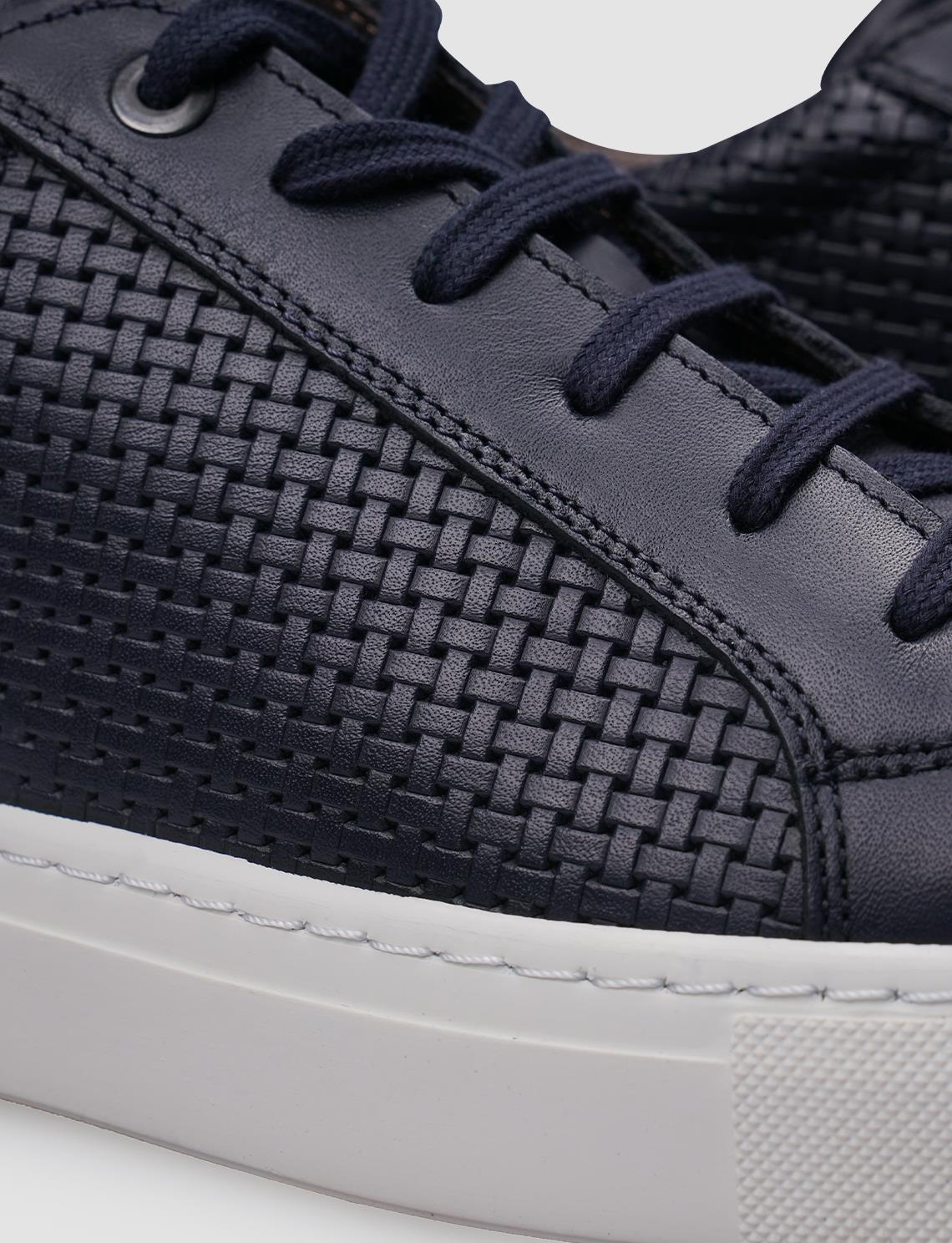 100% Genuine Leather Navy Blue Lace-up Patterned Men's Sneaker