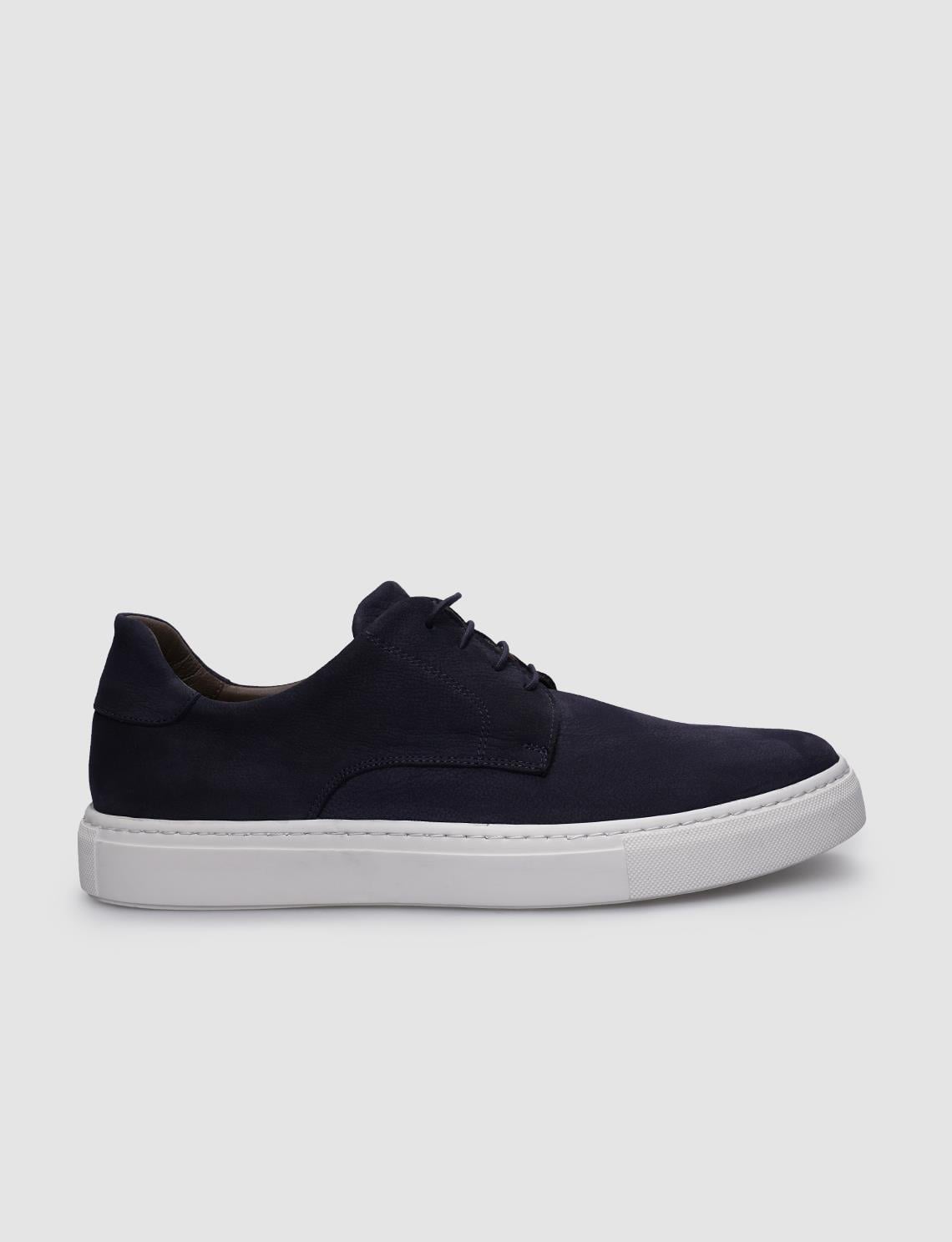 100% Genuine Leather Navy Blue Nubuck Lace-up Men's Sneaker