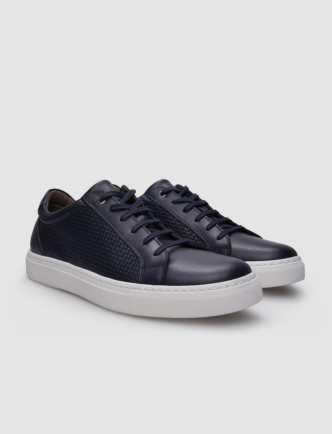 100% Genuine Leather Navy Blue Lace-up Patterned Men's Sneaker