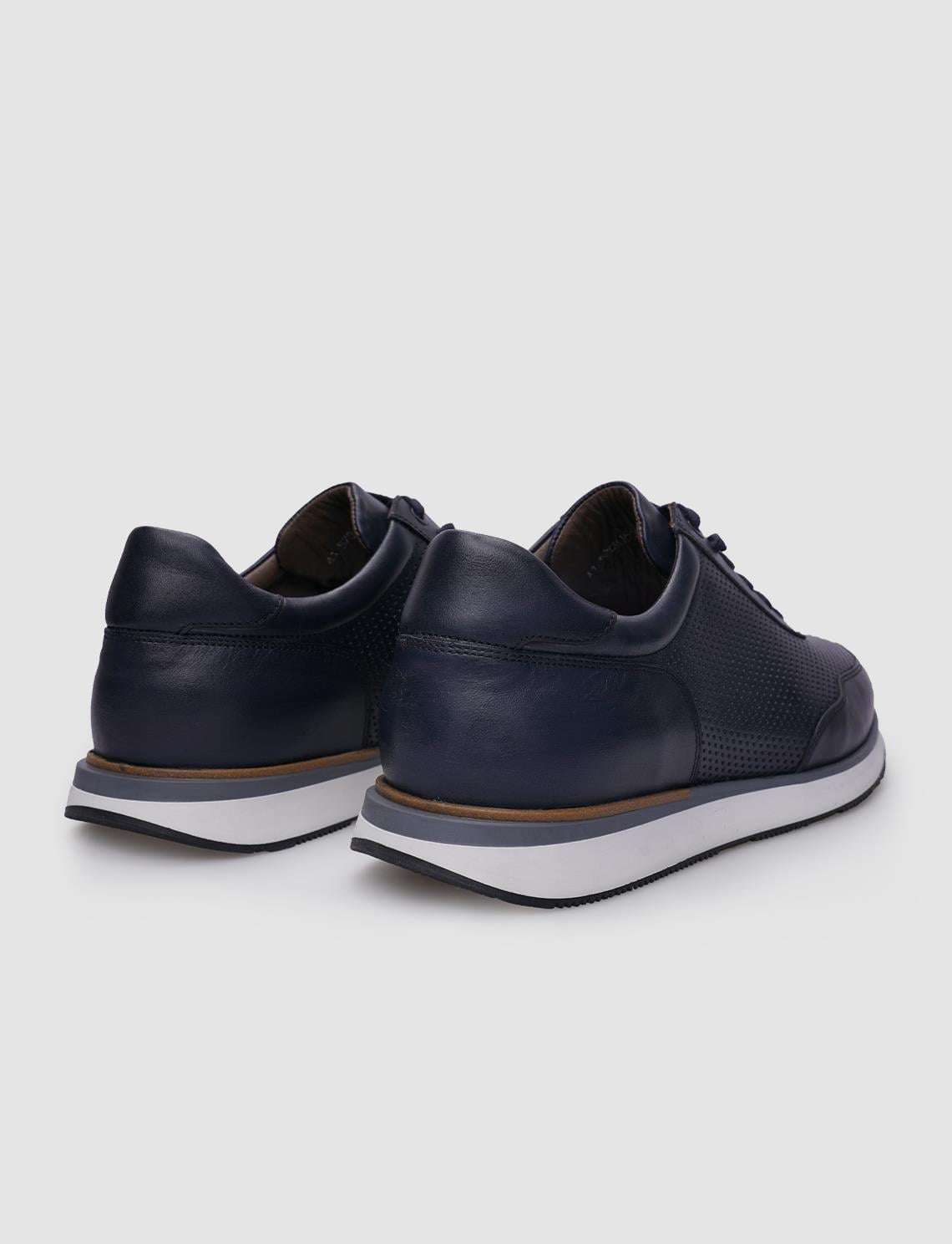 100% Genuine Leather Navy Blue Lace-up Men's Sneaker