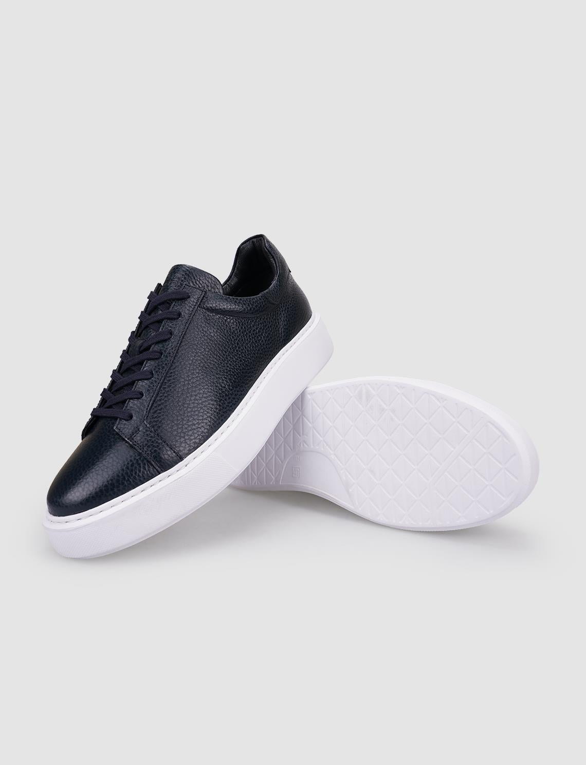 100% Genuine Leather Navy Blue Lace-up Men's Athletic Shoes