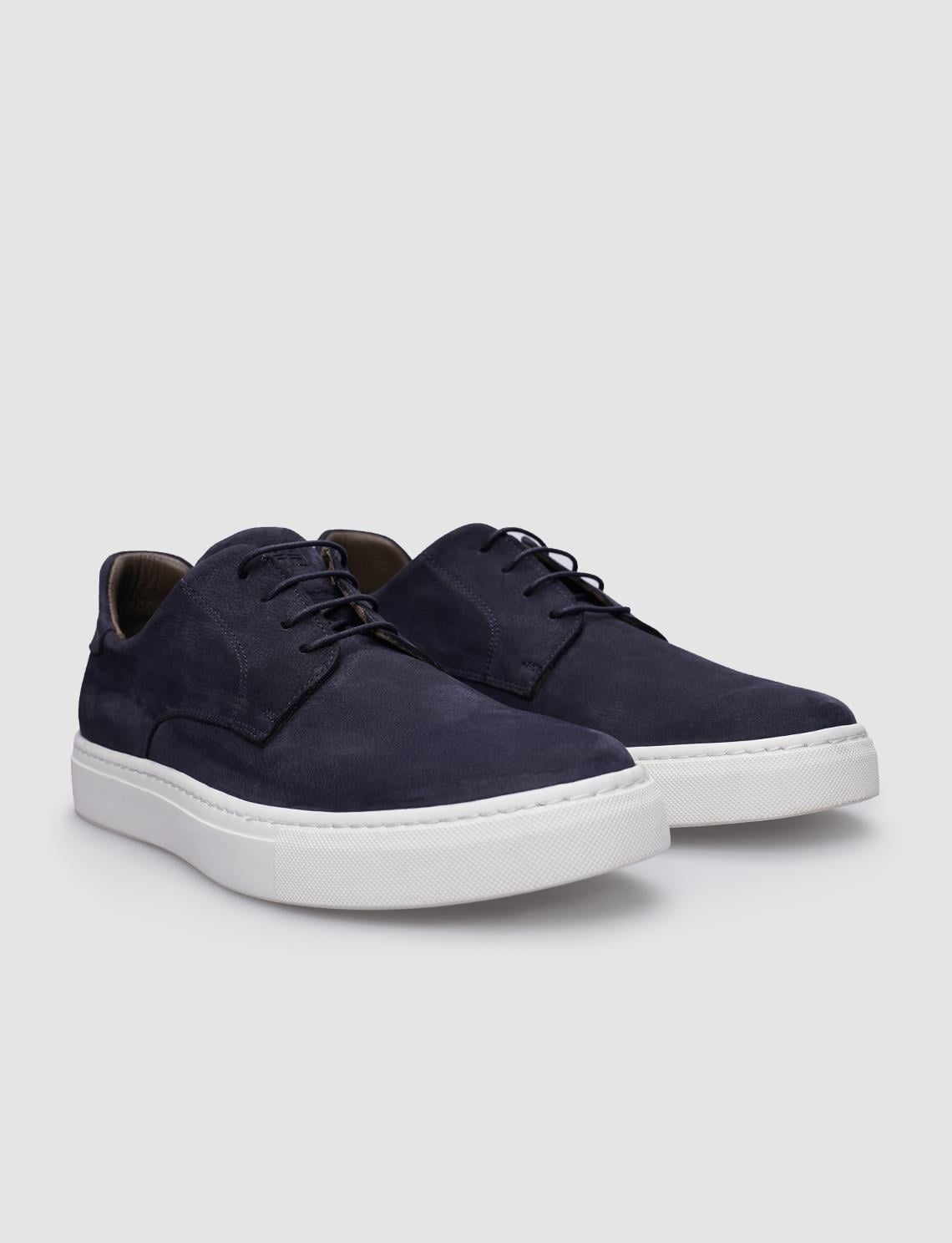 100% Genuine Leather Navy Blue Nubuck Lace-up Men's Sneaker