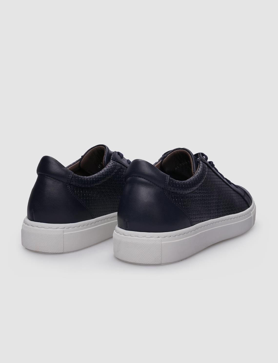 100% Genuine Leather Navy Blue Lace-up Patterned Men's Sneaker