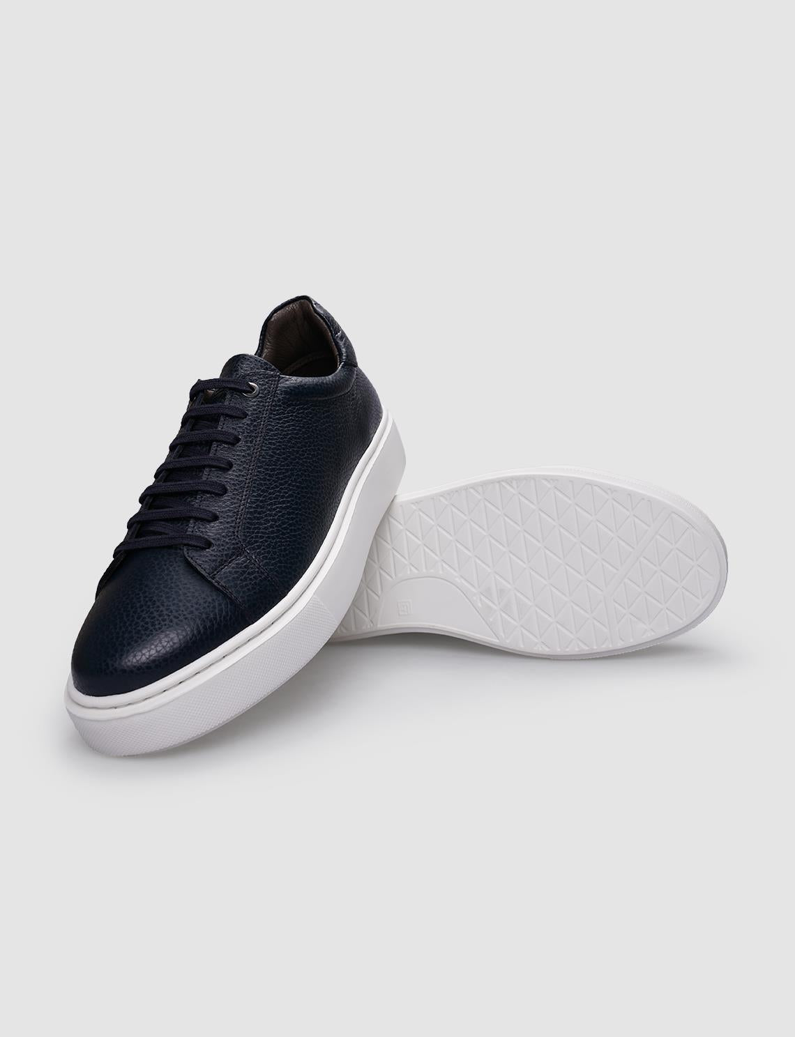 100% Genuine Leather Navy Blue Lace-up Men's Athletic Shoes