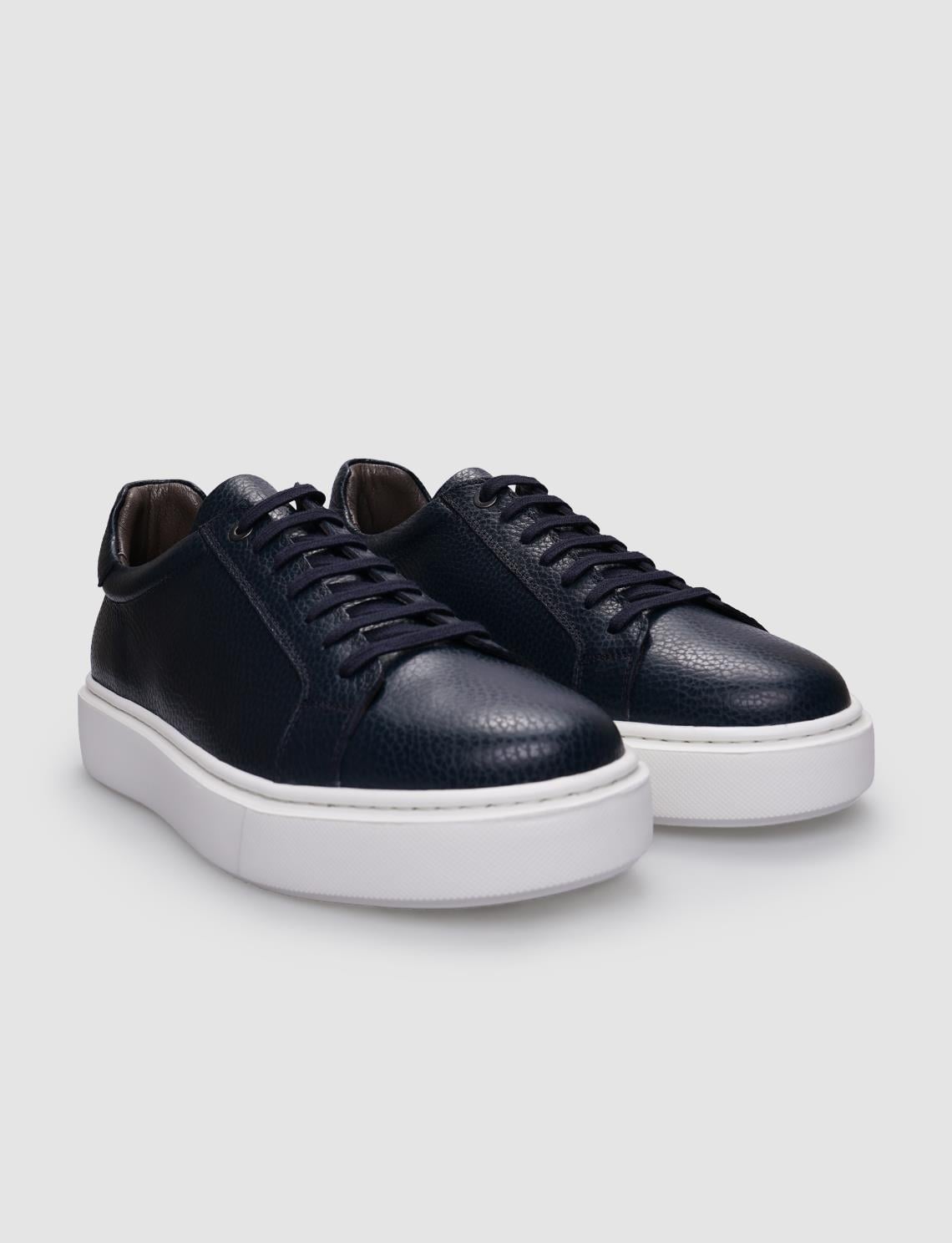 100% Genuine Leather Navy Blue Lace-up Men's Athletic Shoes