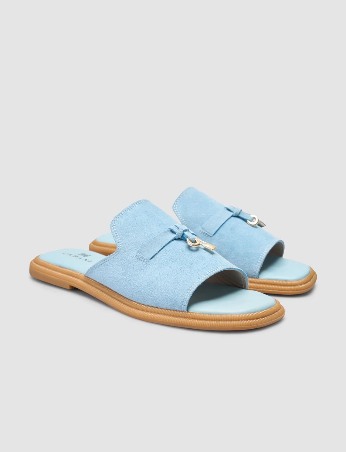 100% Genuine Leather Navy Blue Women's Slippers