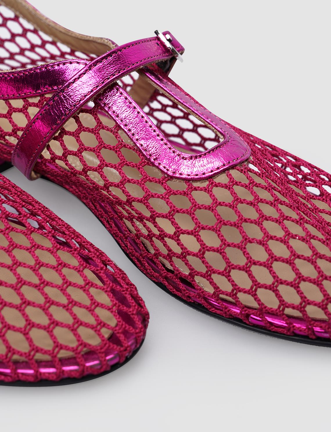100% Genuine Leather Fuchsia Mesh Buckle Detail Women's Ballet Flats