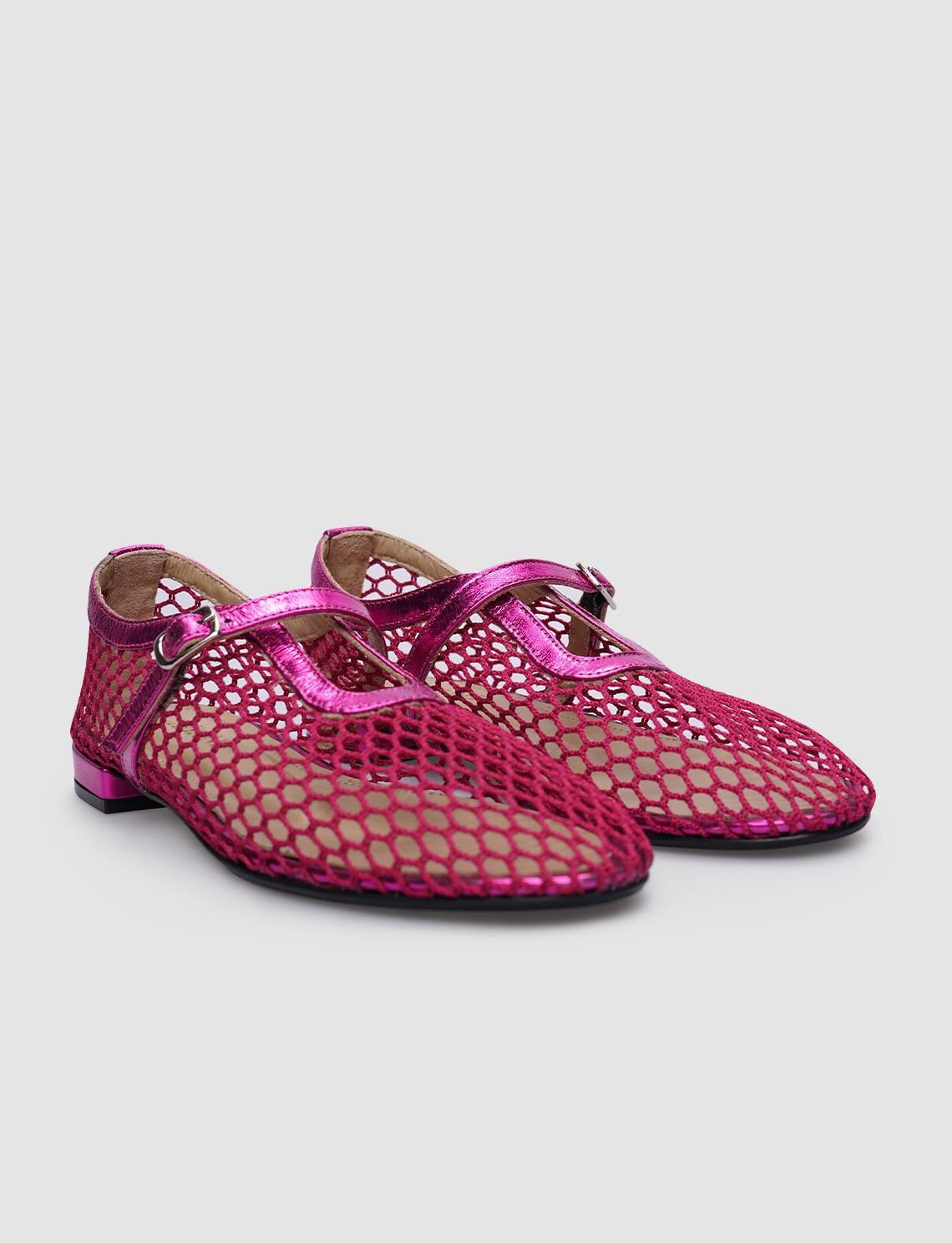 100% Genuine Leather Fuchsia Mesh Buckle Detail Women's Ballet Flats