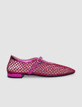 100% Genuine Leather Fuchsia Mesh Buckle Detail Women's Ballet Flats