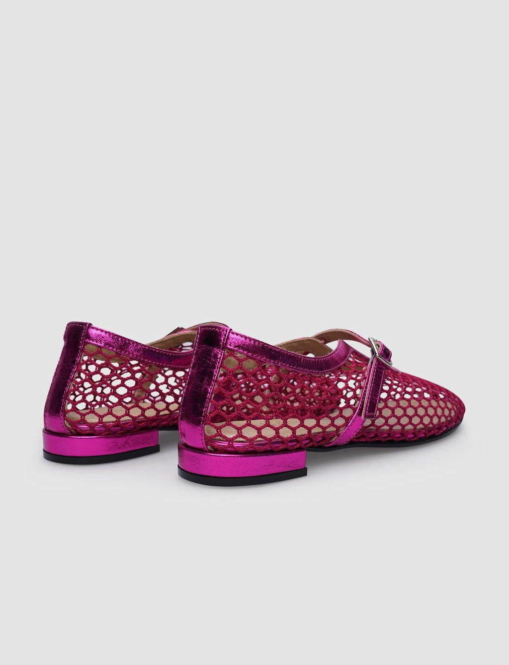 100% Genuine Leather Fuchsia Mesh Buckle Detail Women's Ballet Flats