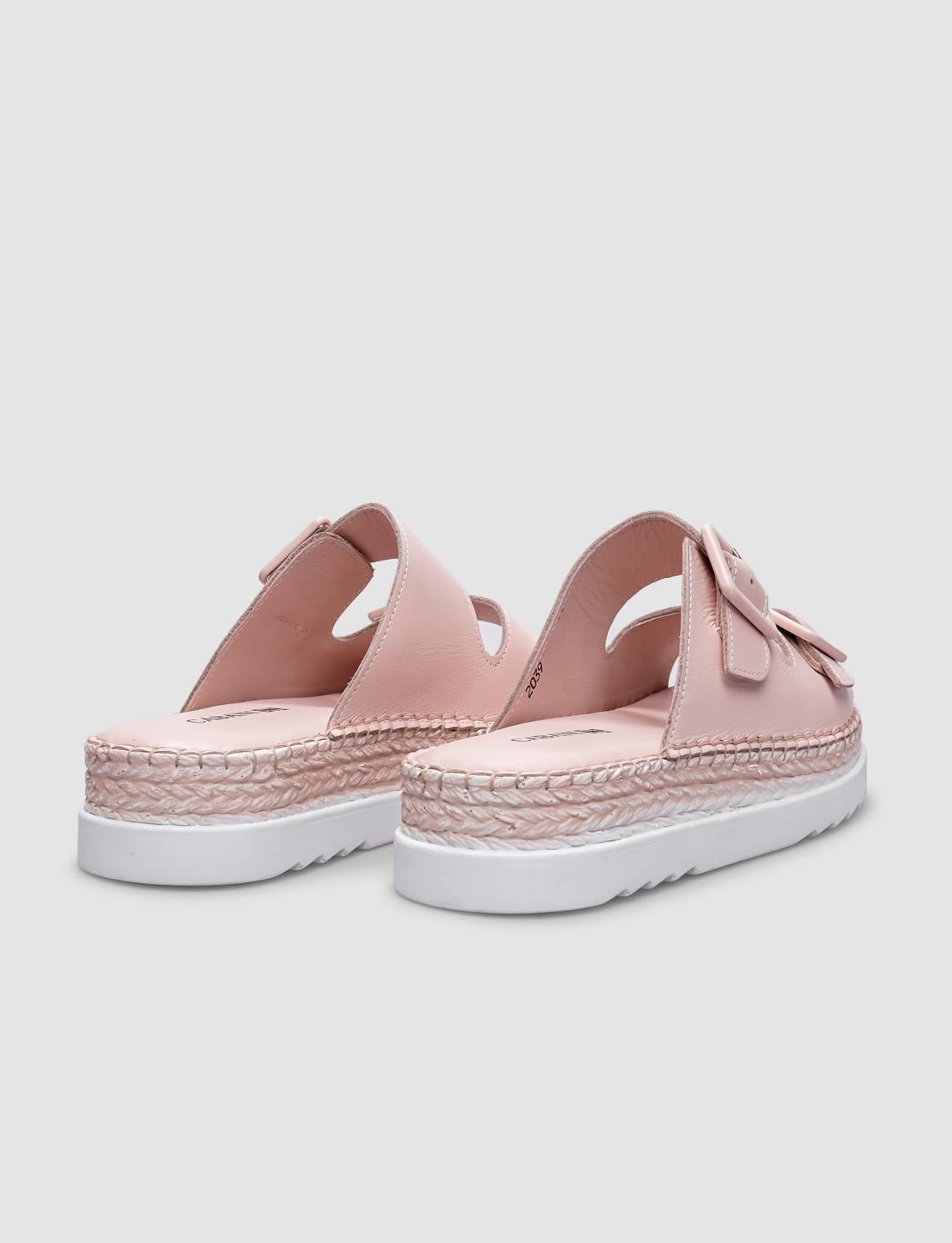 100% Genuine Leather Powder Pink Double Buckle Women's Slippers