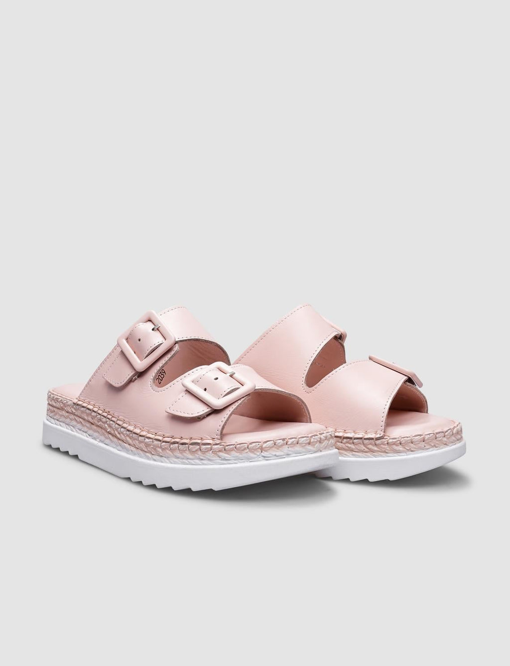 100% Genuine Leather Powder Pink Double Buckle Women's Slippers