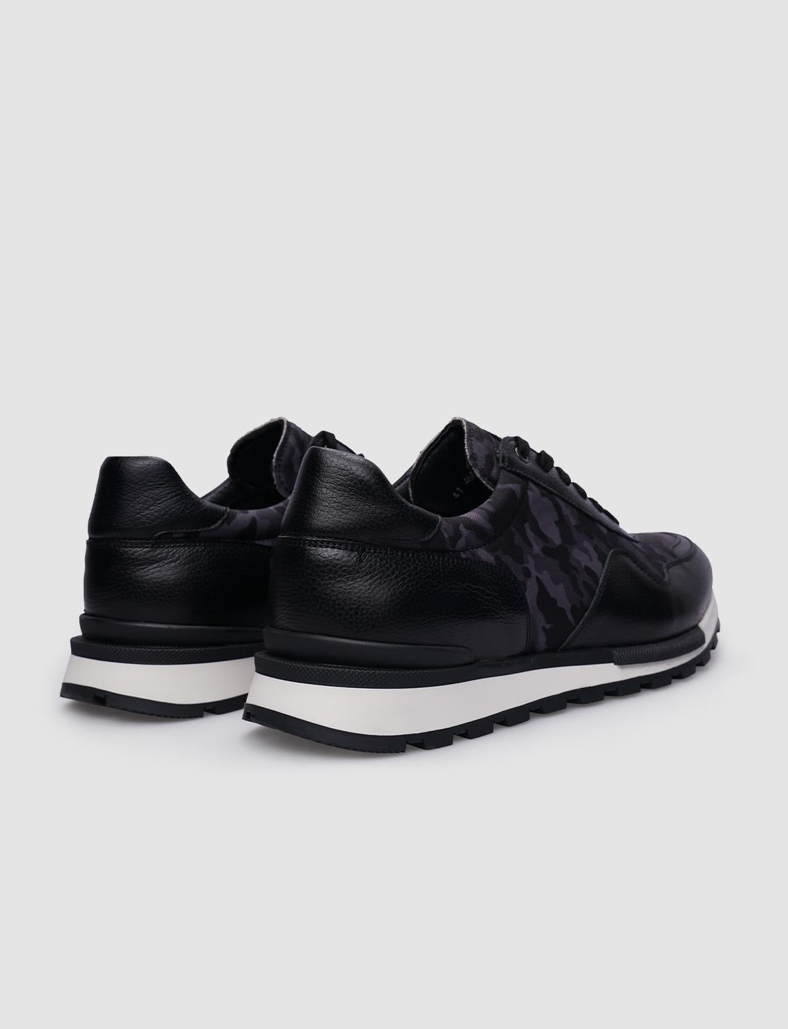 100% Genuine Leather Black Lace-up Camouflage Pattern Men's Sneaker