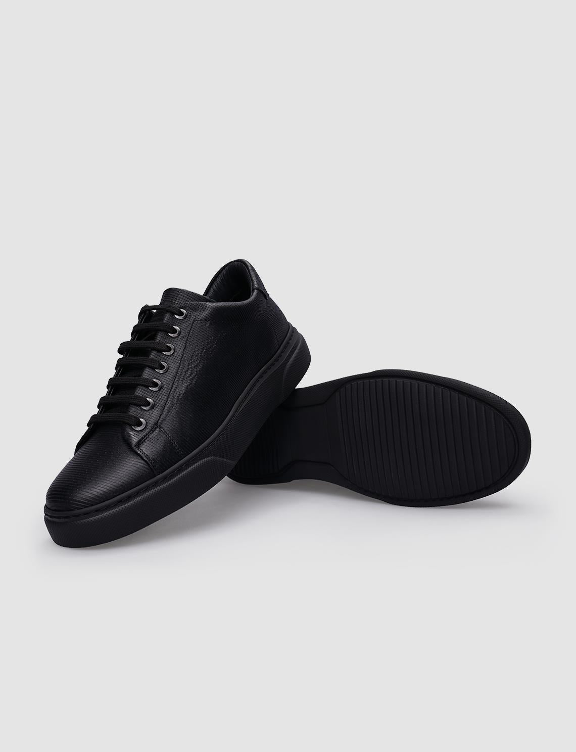 100% Genuine Leather Black Patterned Lace-up Men's Athletic Shoes