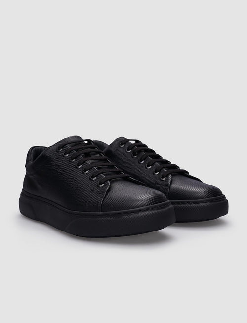 100% Genuine Leather Black Patterned Lace-up Men's Athletic Shoes