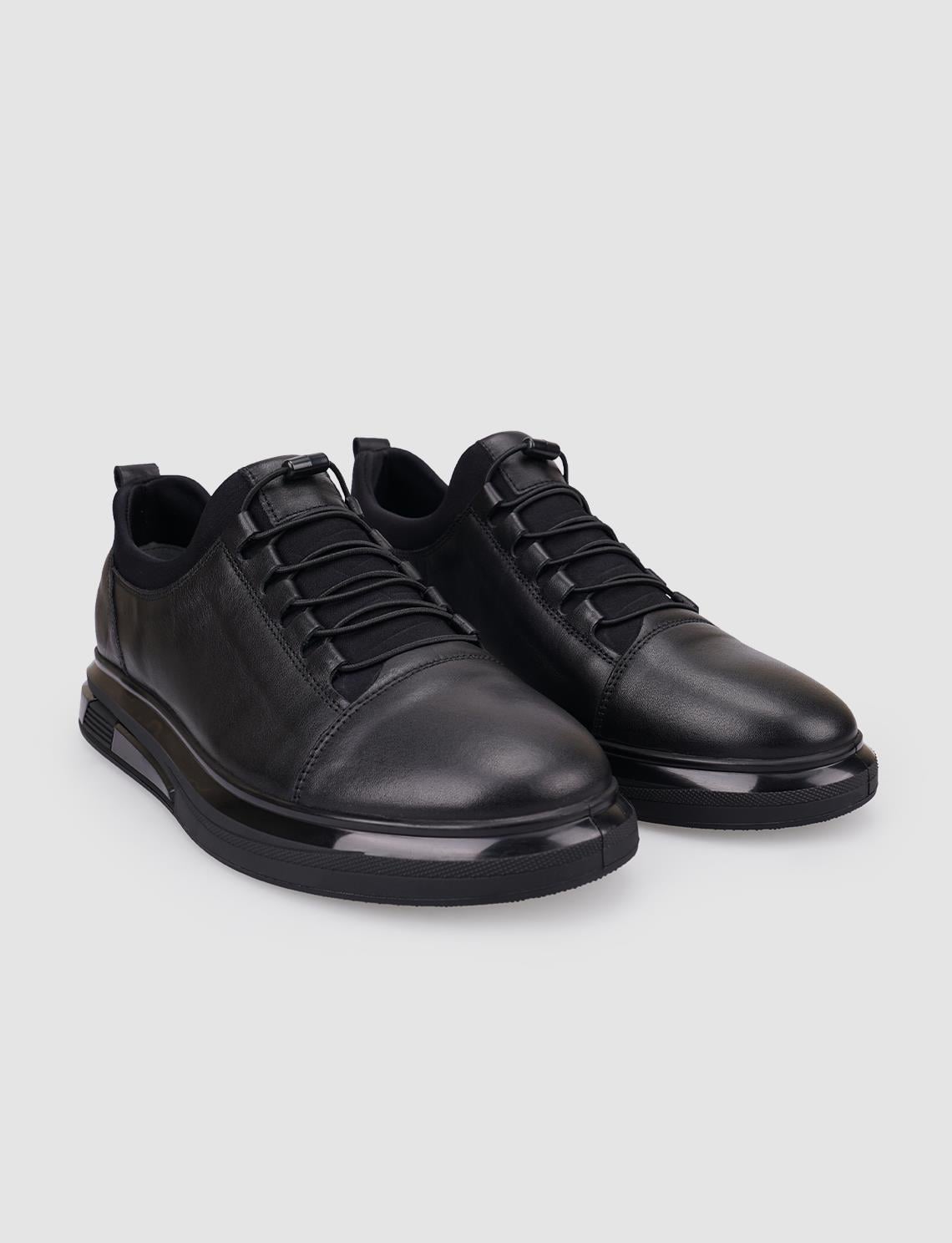 100% Genuine Leather Black Elastic Lace-up Men's Casual Shoes