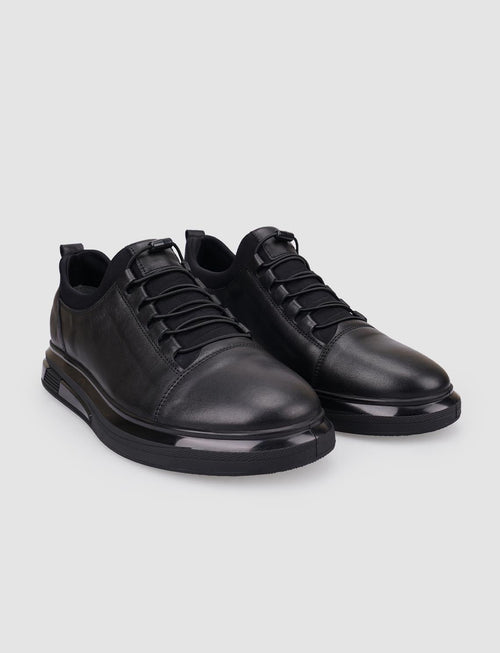 100% Genuine Leather Black Elastic Lace-up Men's Casual Shoes