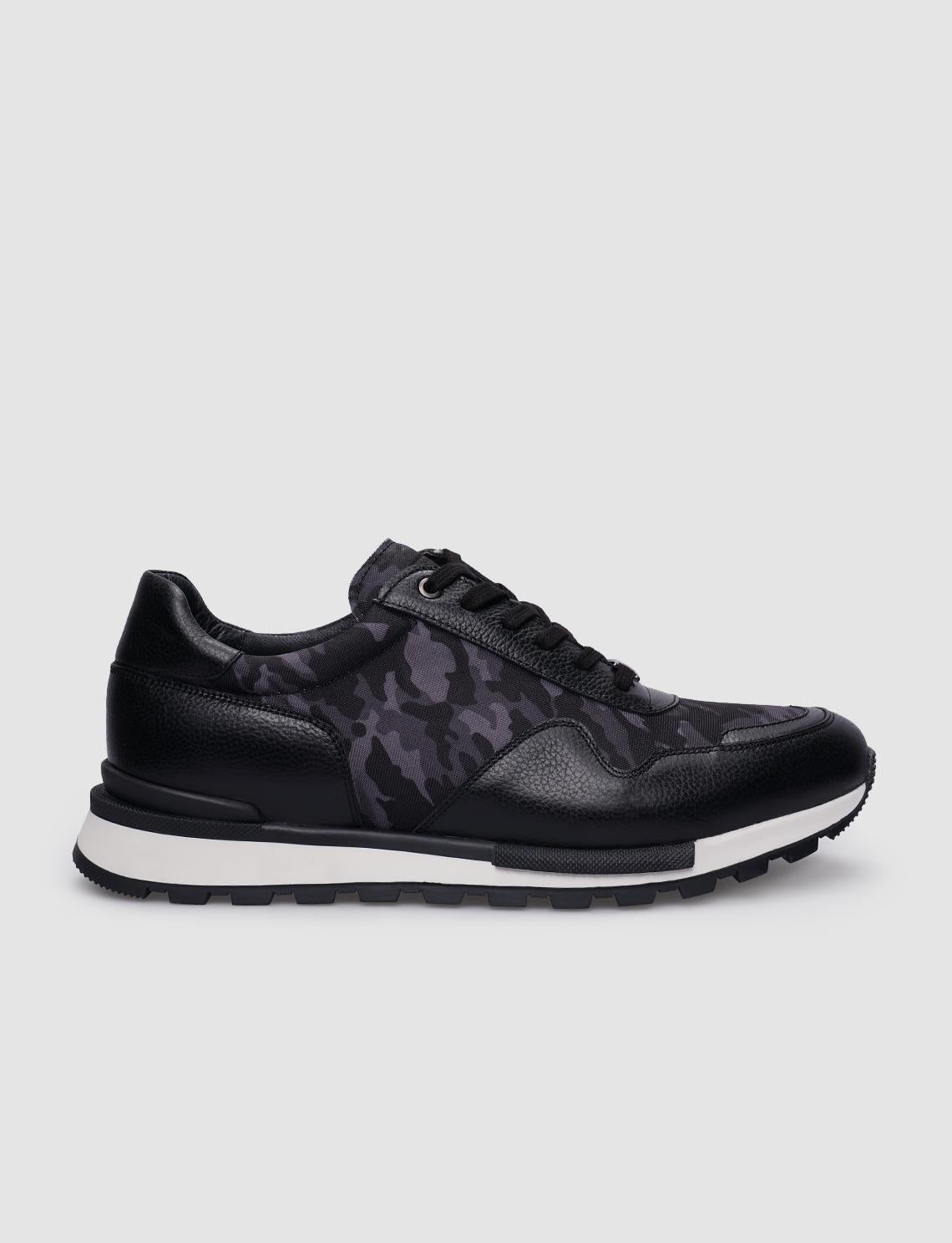 100% Genuine Leather Black Lace-up Camouflage Pattern Men's Sneaker