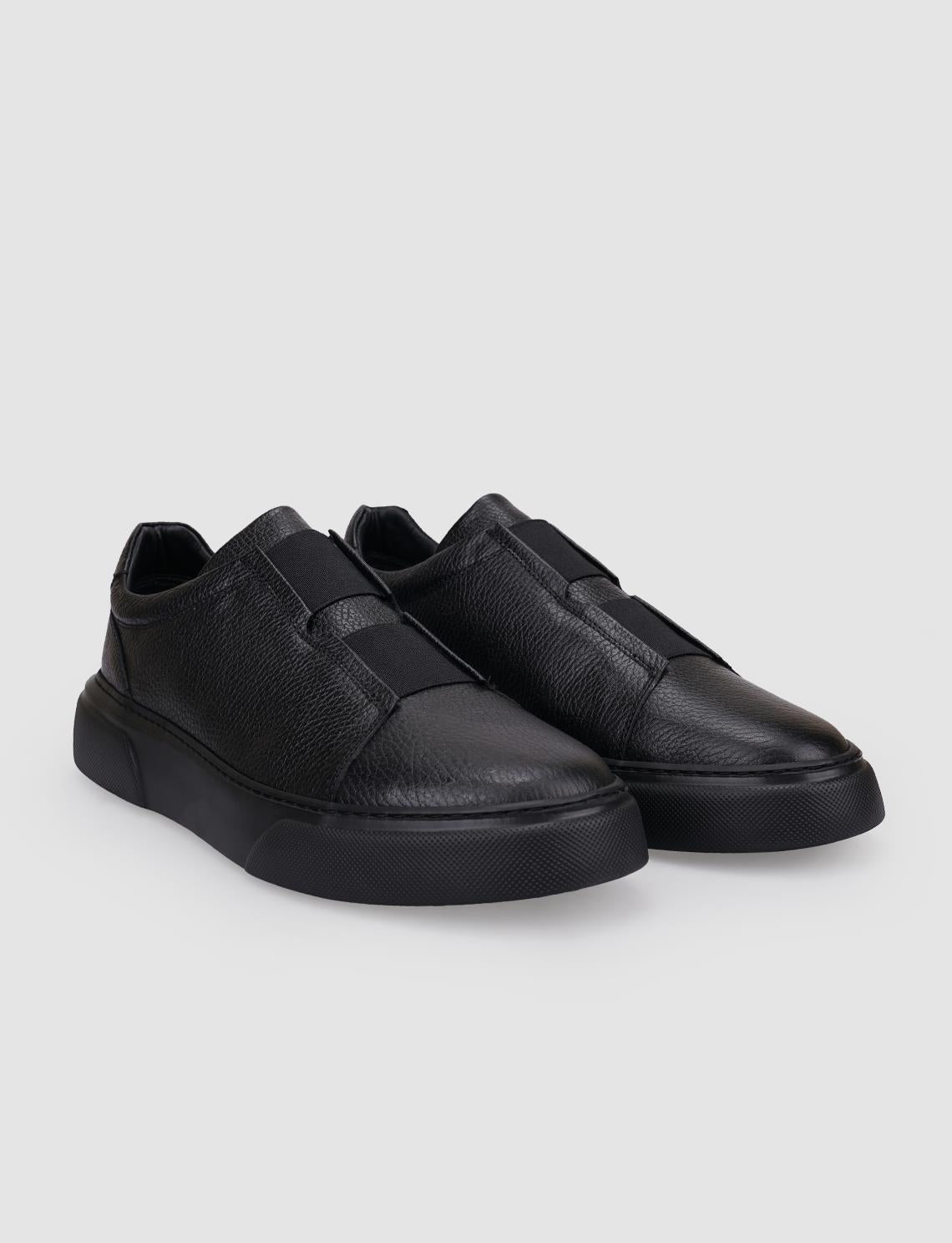 100% Genuine Leather Black Elastic Men's Sneaker