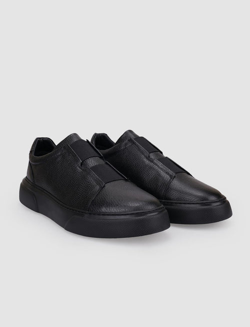100% Genuine Leather Black Elastic Men's Sneaker