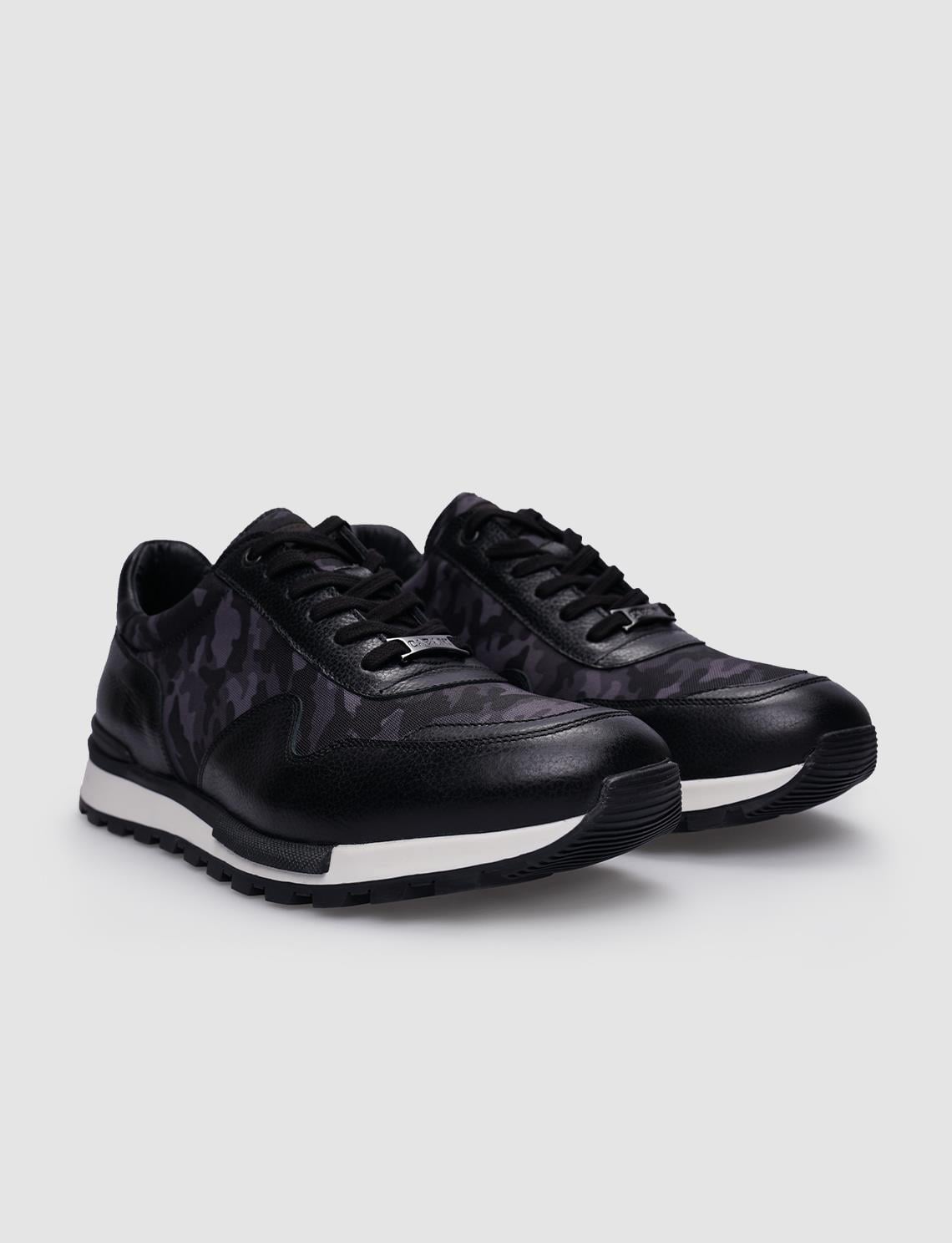 100% Genuine Leather Black Lace-up Camouflage Pattern Men's Sneaker