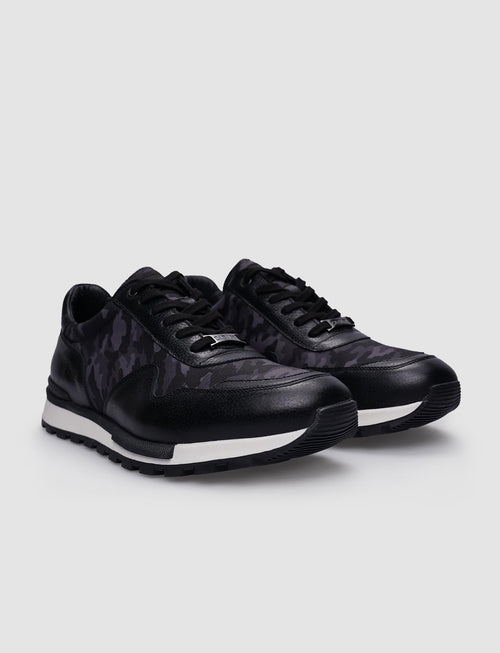 100% Genuine Leather Black Lace-up Camouflage Pattern Men's Sneaker