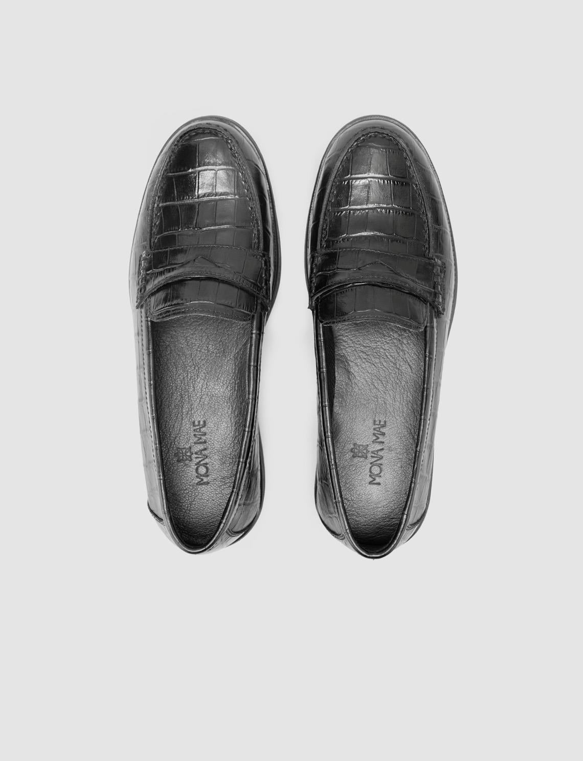 100% Genuine Leather Black Crocodile Pattern Women's Loafer