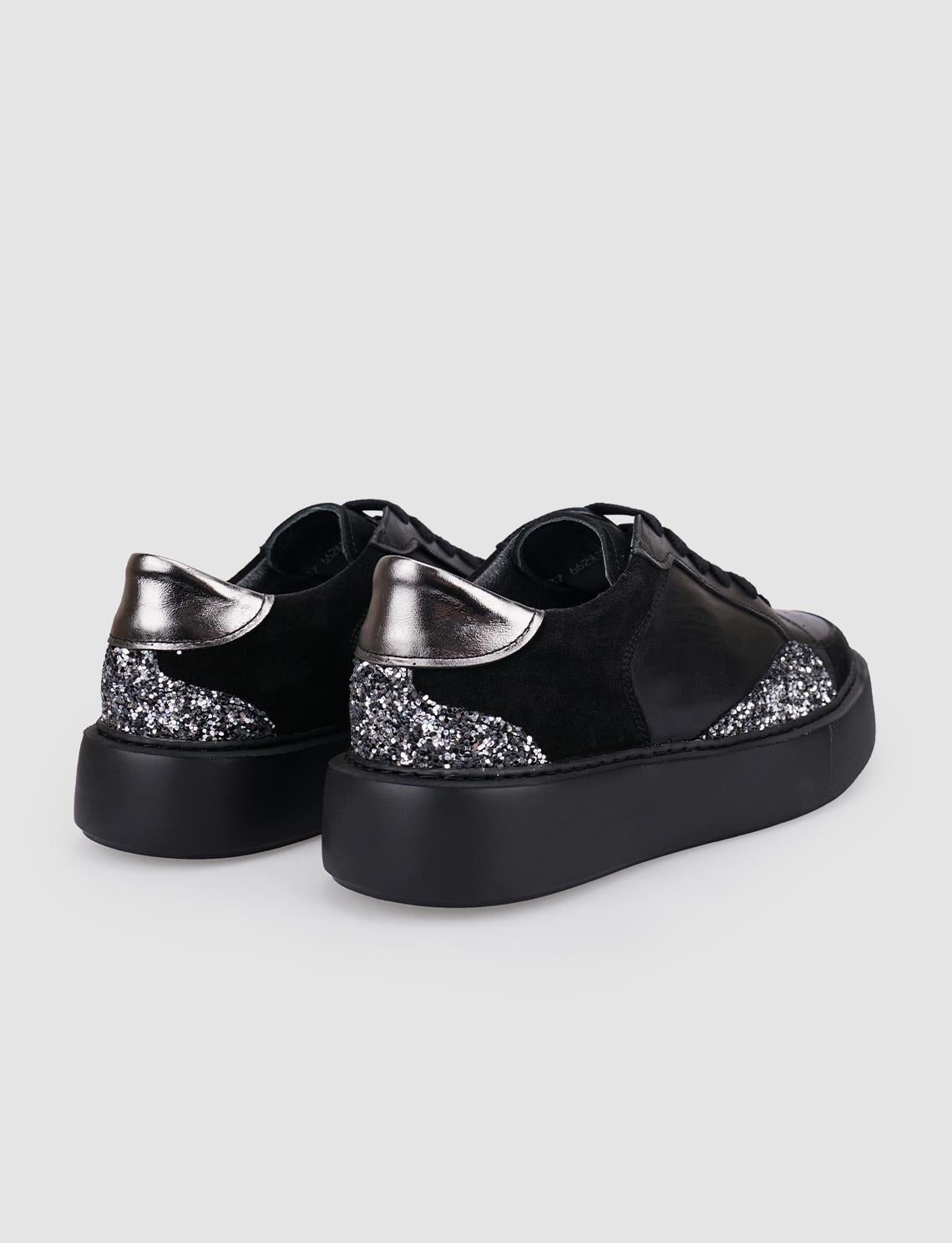 100% Genuine Leather Black Sequin Detail Lace-up Women's Athletic Shoes