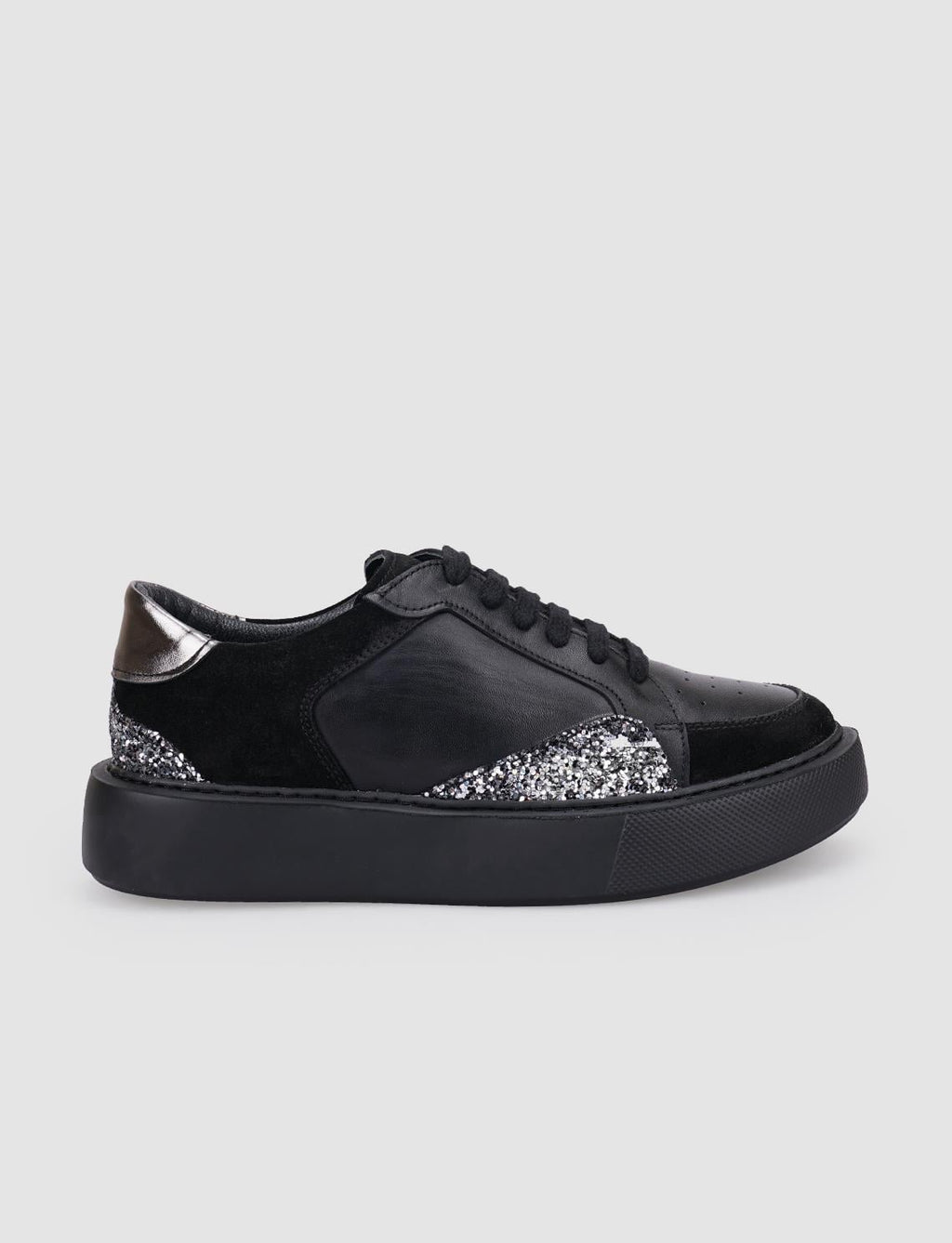 100% Genuine Leather Black Sequin Detail Lace-up Women's Athletic Shoes
