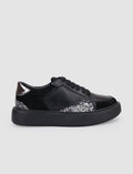 100% Genuine Leather Black Sequin Detail Lace-up Women's Athletic Shoes