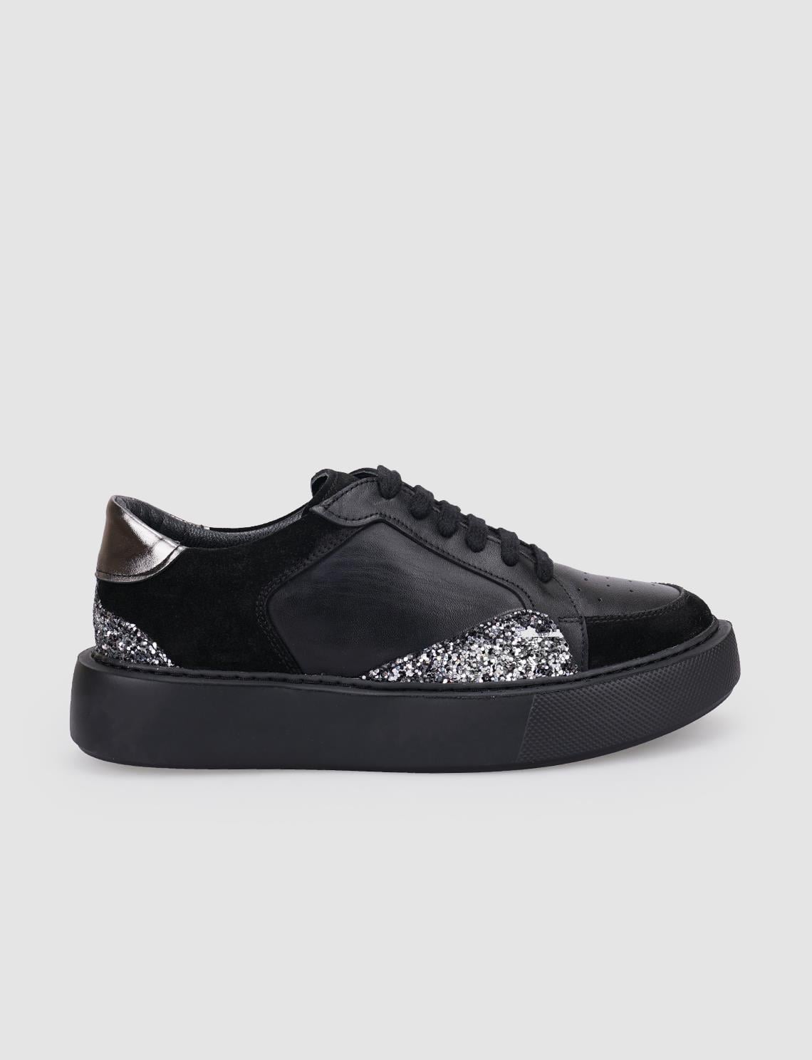 100% Genuine Leather Black Sequin Detail Lace-up Women's Athletic Shoes