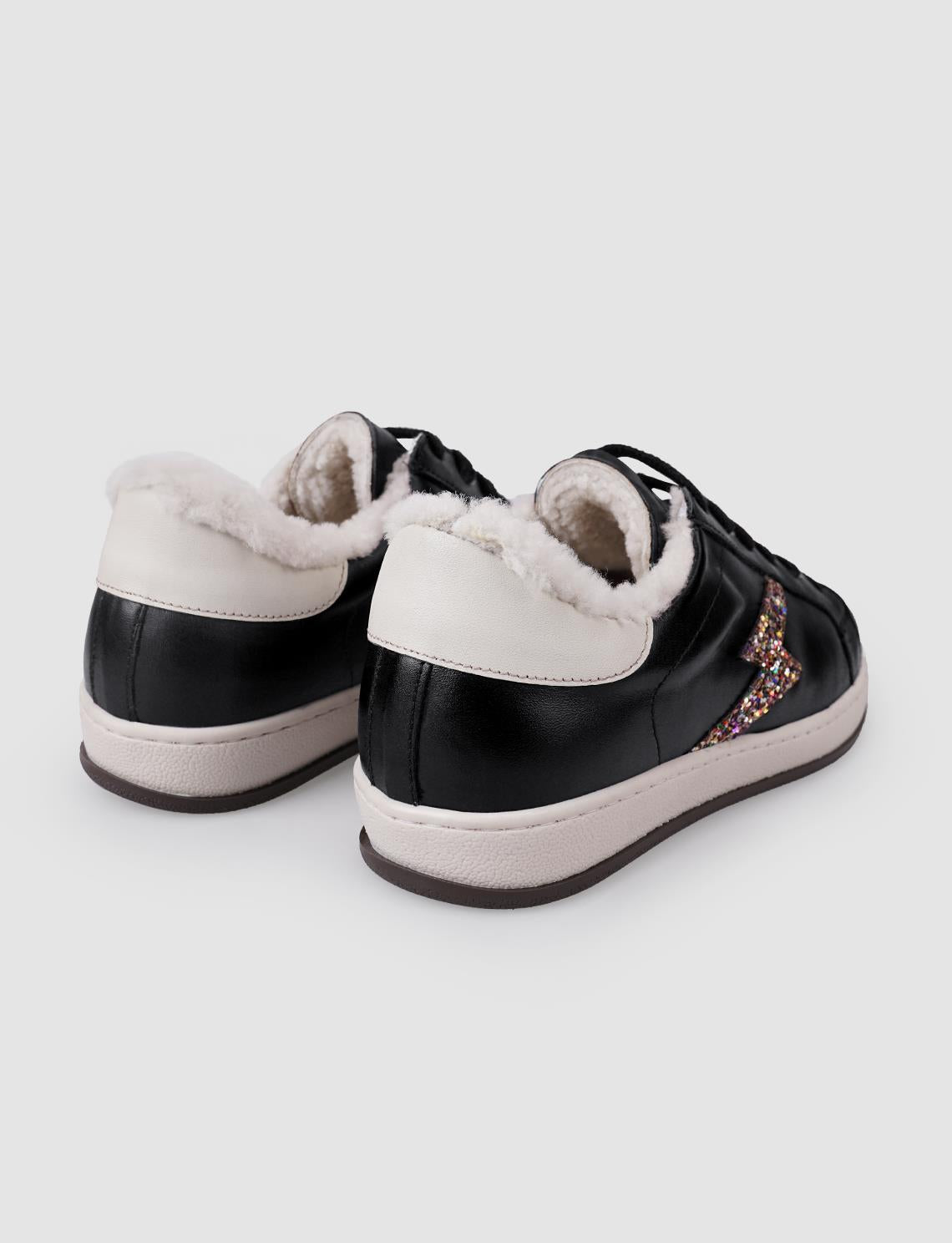 100% Genuine Leather Black Lace-up Fur Lined Women's Athletic Shoes