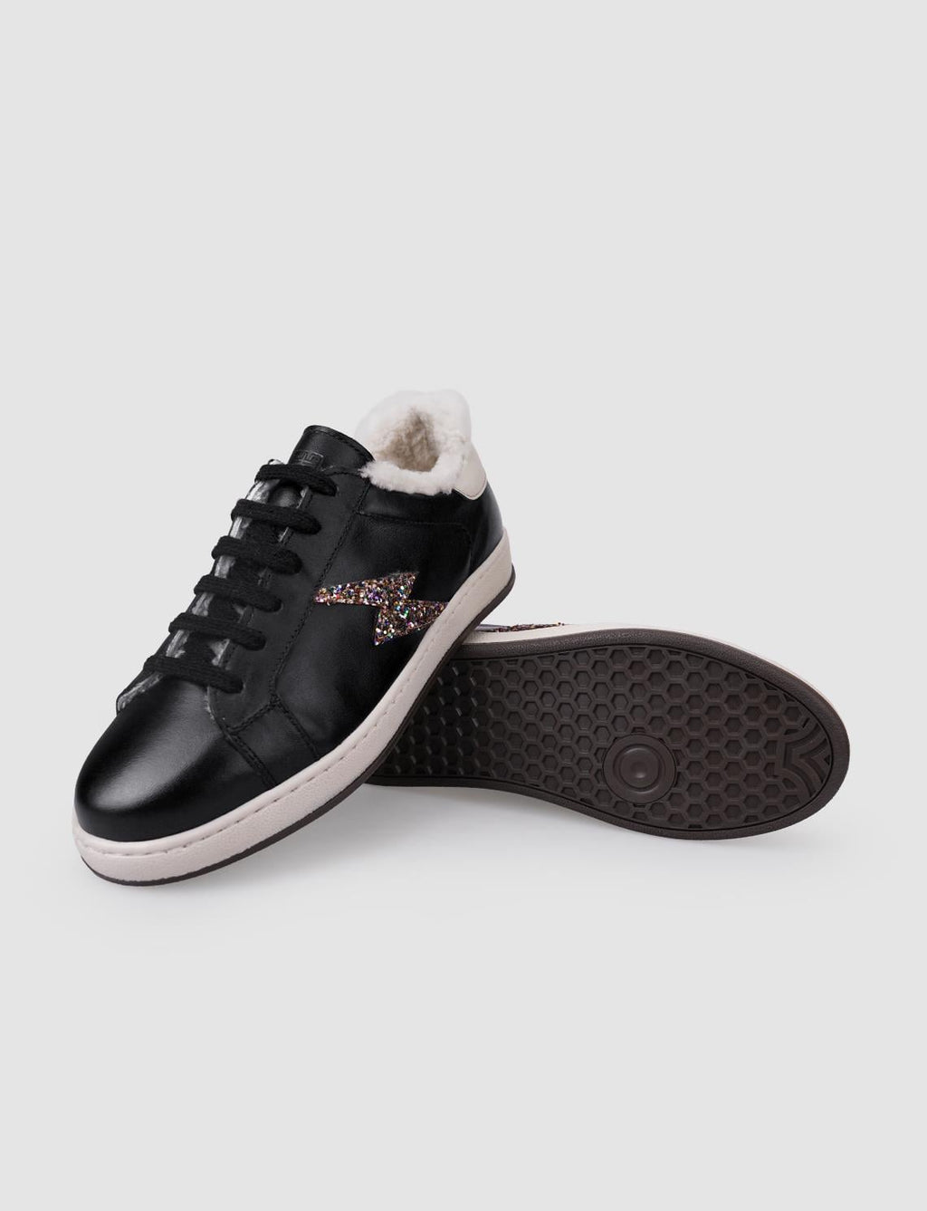 100% Genuine Leather Black Lace-up Fur Lined Women's Athletic Shoes