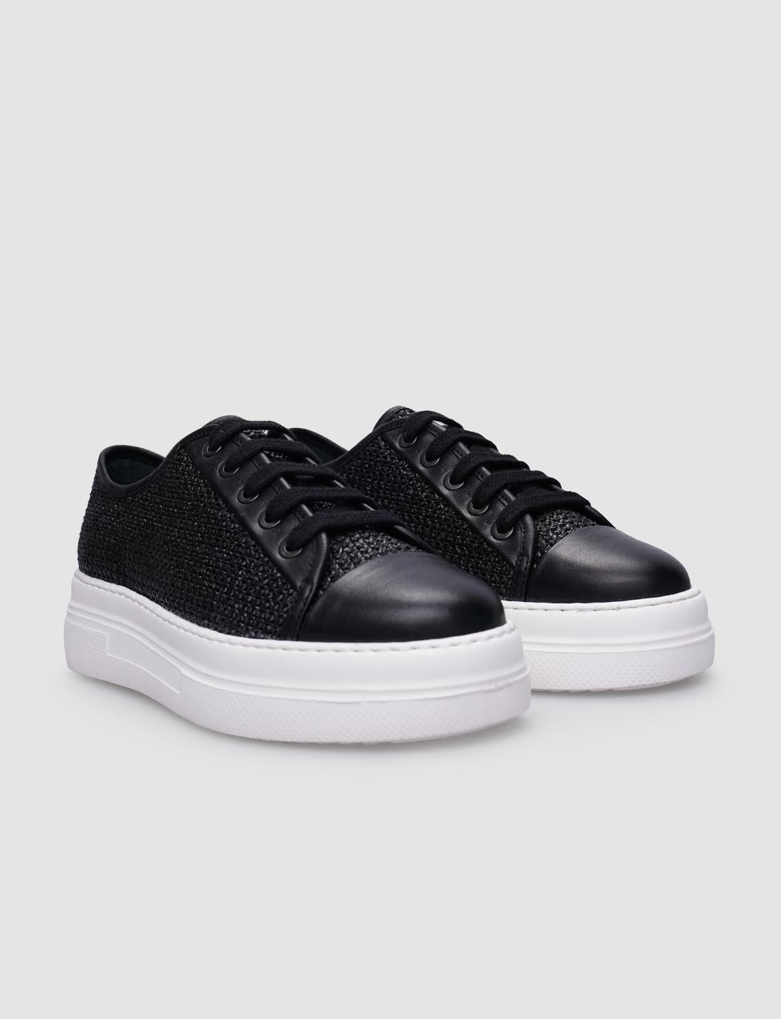 100% Genuine Leather Black Lace-up Women's Athletic Shoes