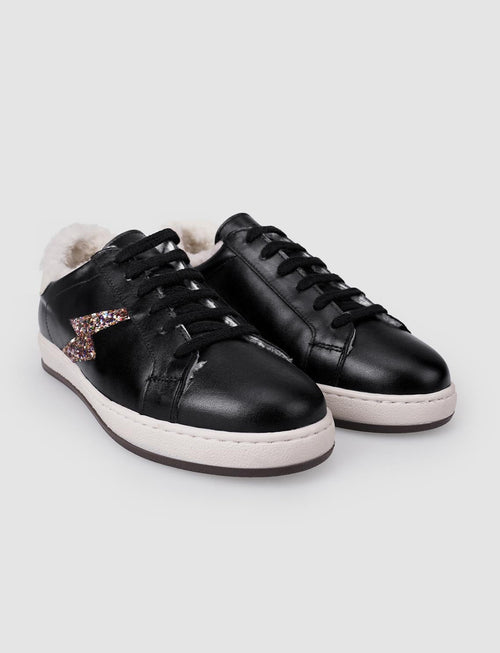 100% Genuine Leather Black Lace-up Fur Lined Women's Athletic Shoes