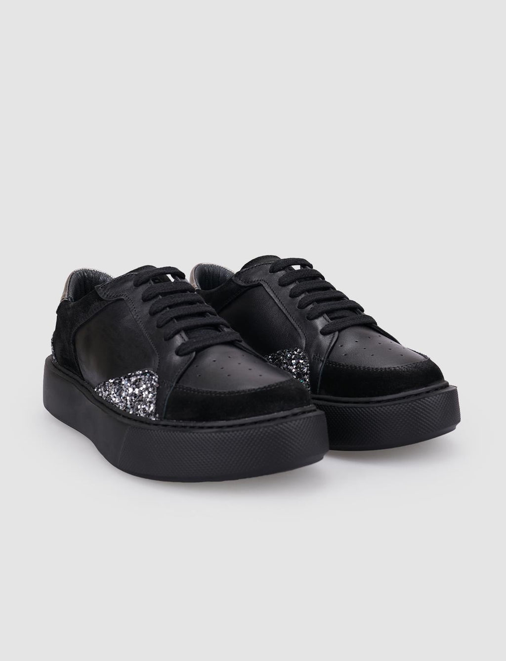 100% Genuine Leather Black Sequin Detail Lace-up Women's Athletic Shoes