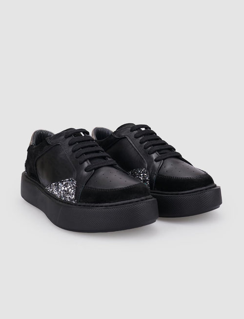 100% Genuine Leather Black Sequin Detail Lace-up Women's Athletic Shoes