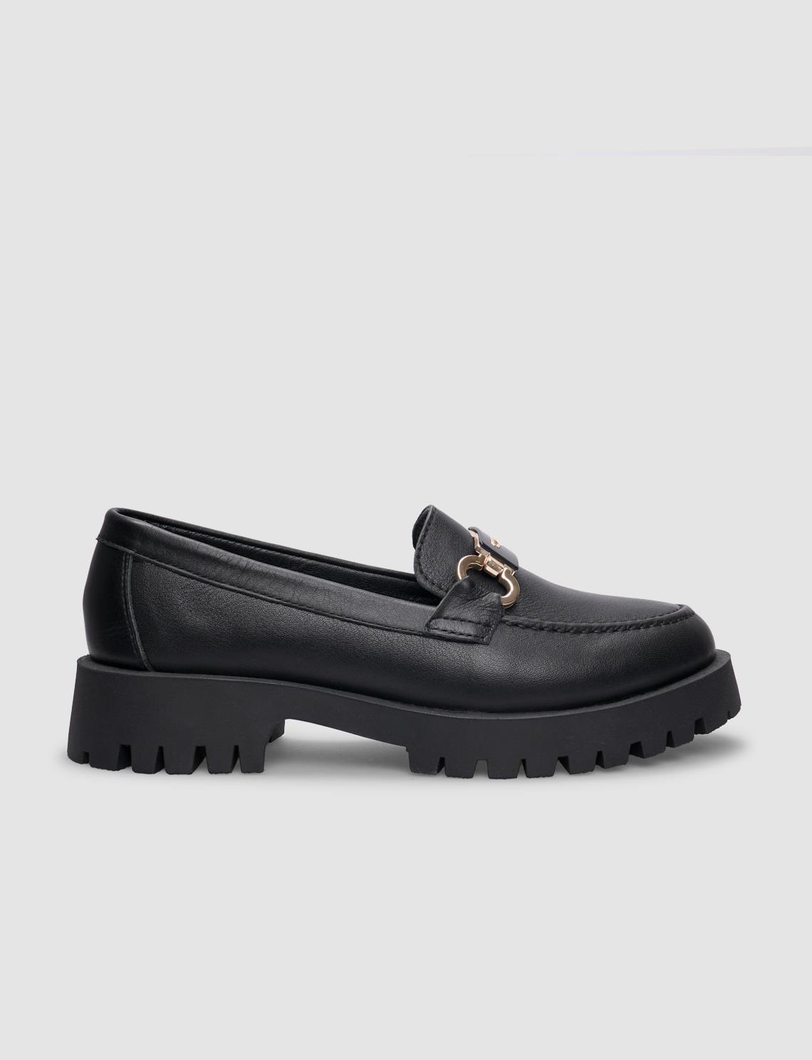 100% Genuine Leather Black Buckle Detail Women's Casual Shoes