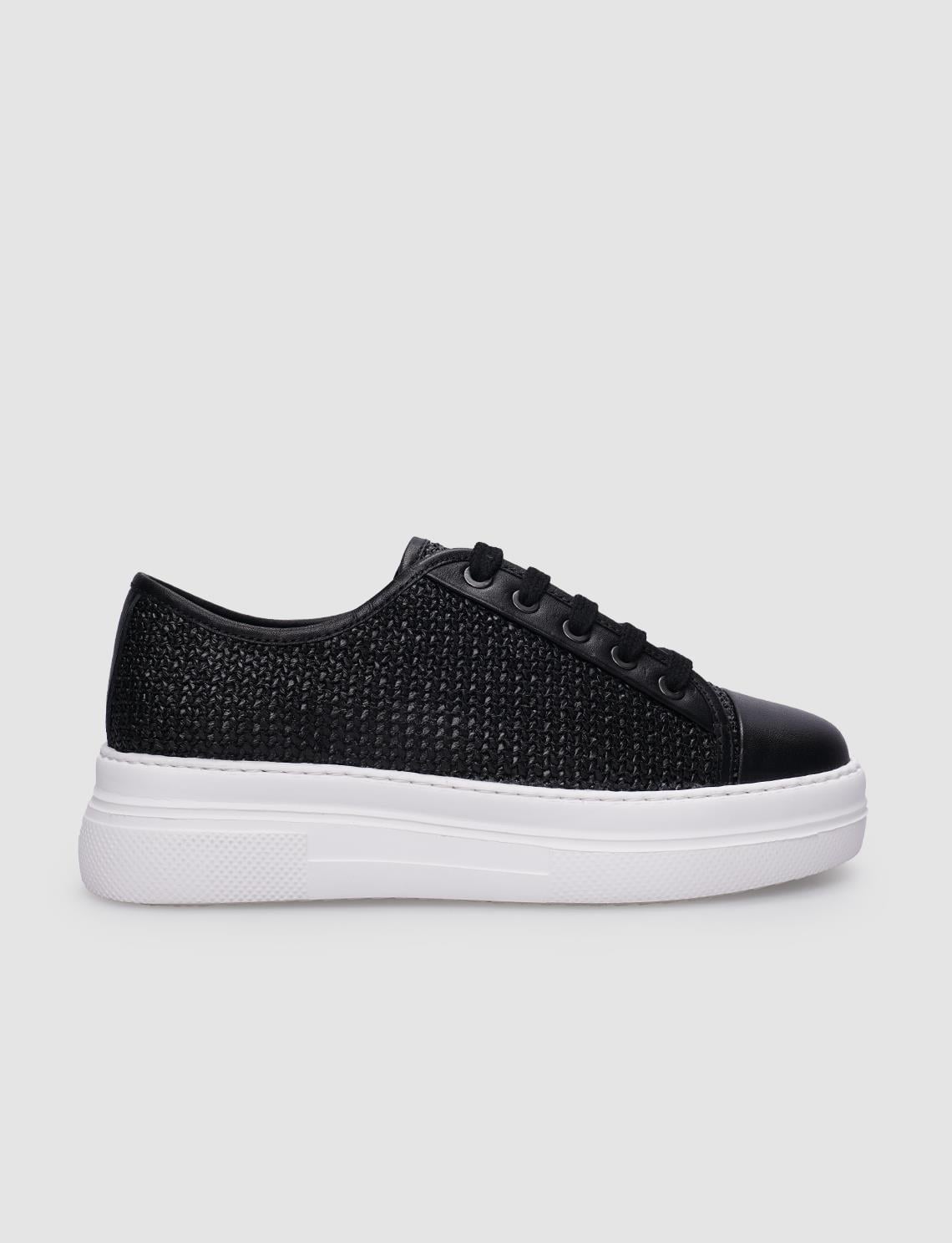 100% Genuine Leather Black Lace-up Women's Athletic Shoes