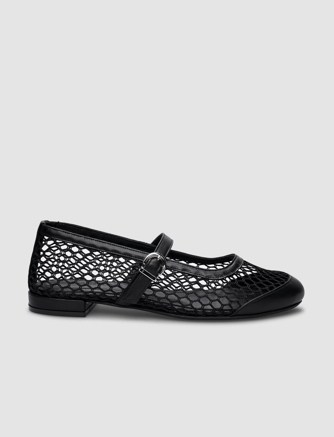 100% Genuine Leather Black Mesh Women's Ballet Flats with Buckle Detail