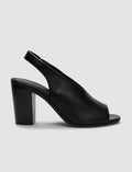 100% Genuine Leather Black Women's Heeled Sandals with Elastic Back