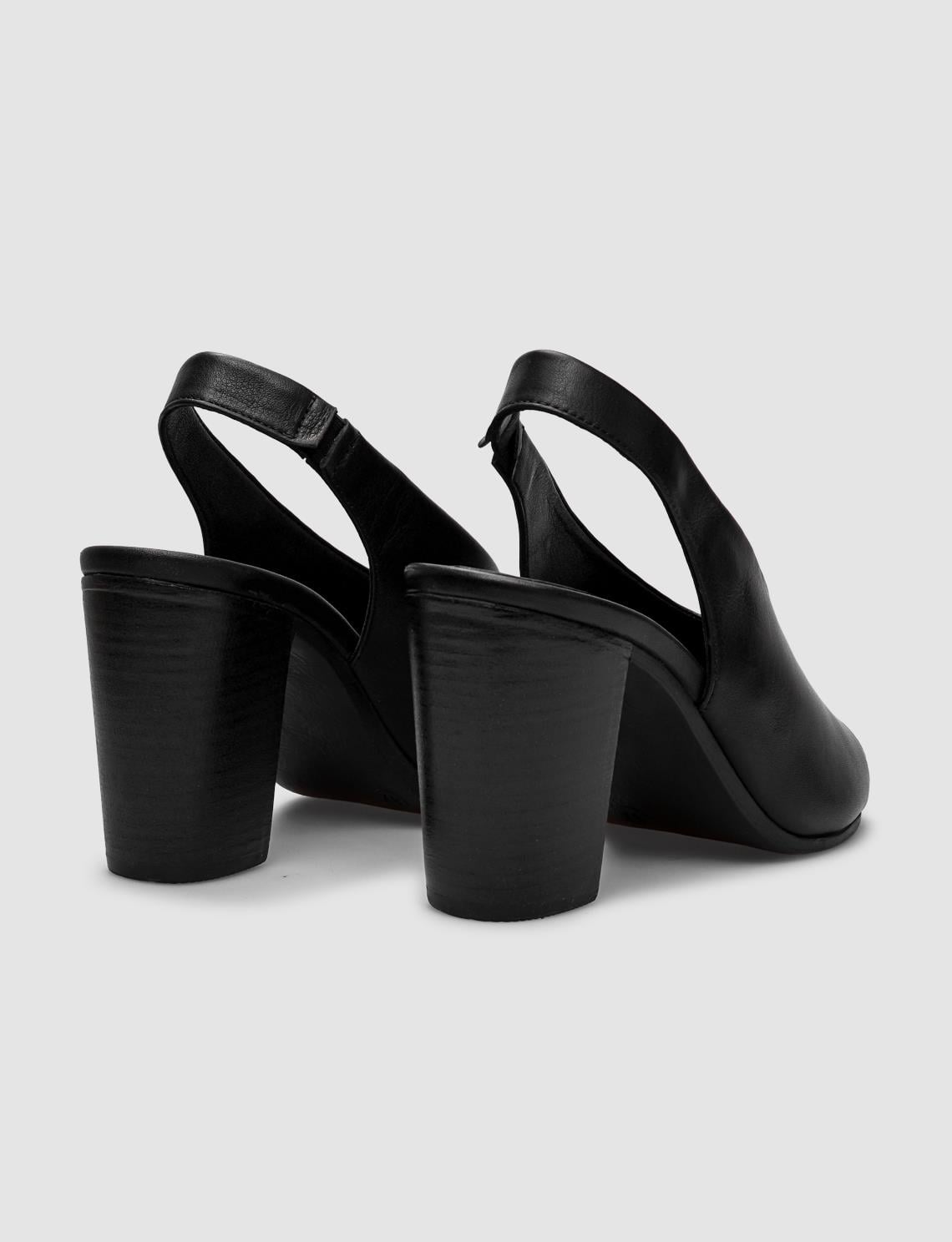 100% Genuine Leather Black Women's Heeled Sandals with Elastic Back
