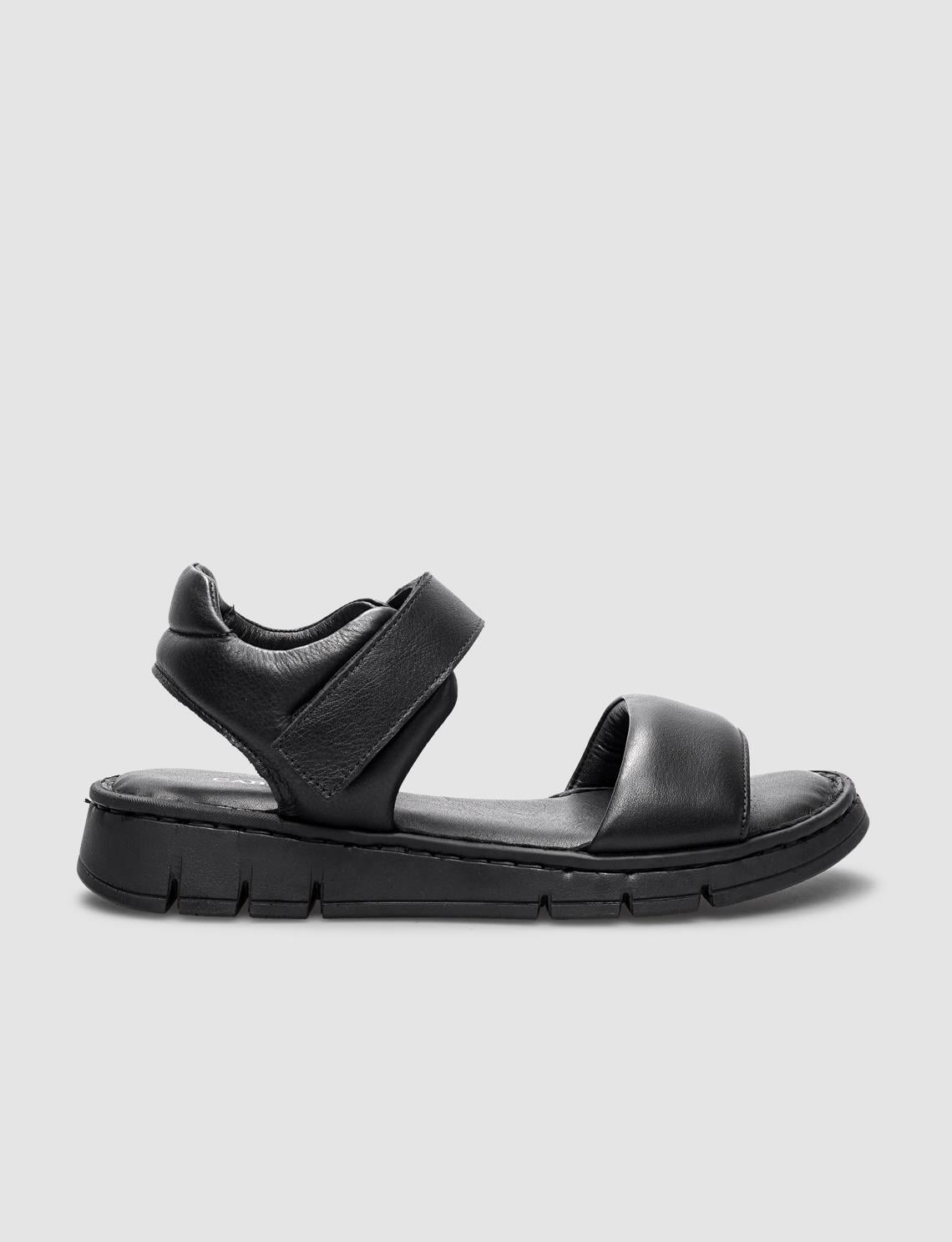 100% Genuine Leather Black Women's Sandals with Velcro Closure