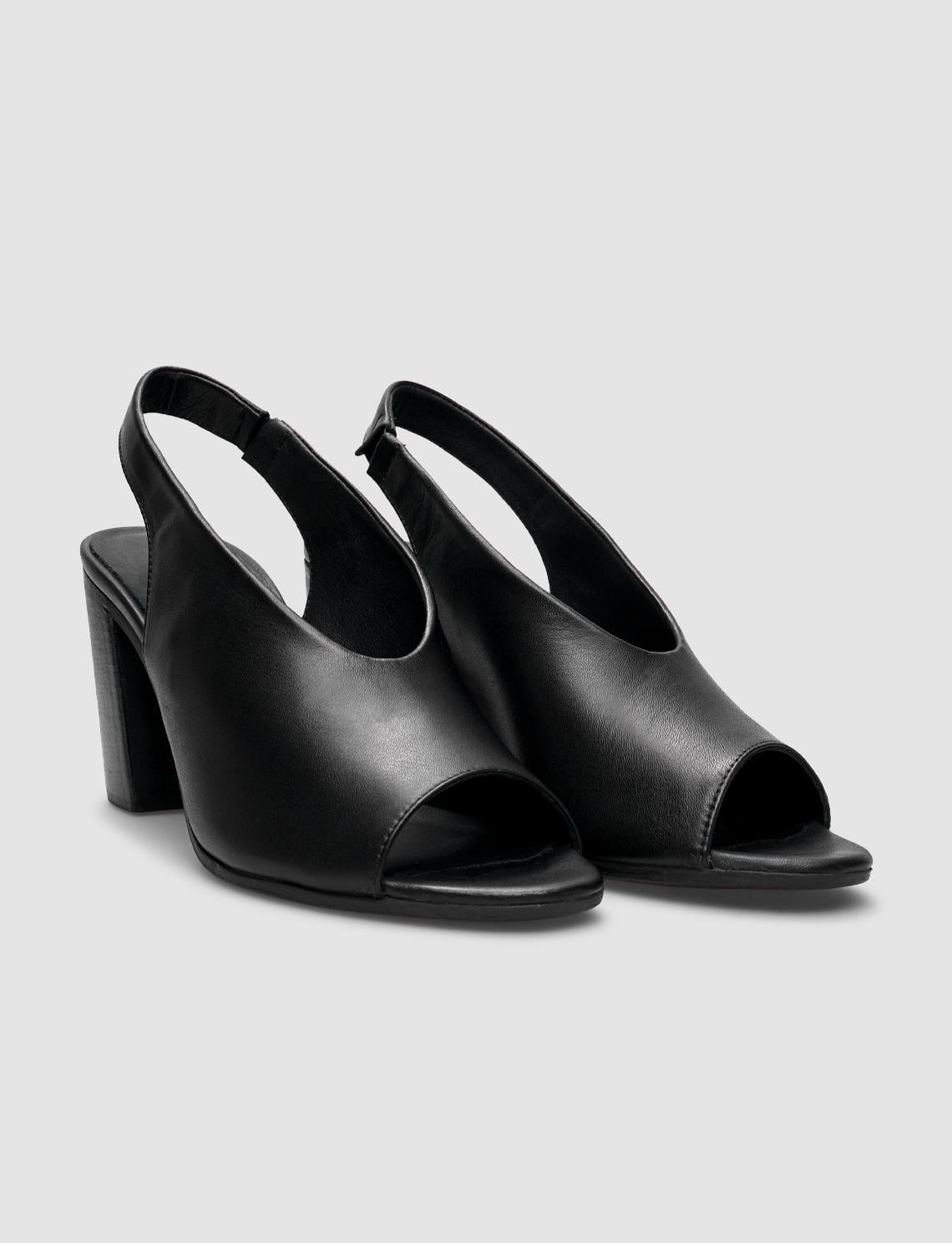 100% Genuine Leather Black Women's Heeled Sandals with Elastic Back