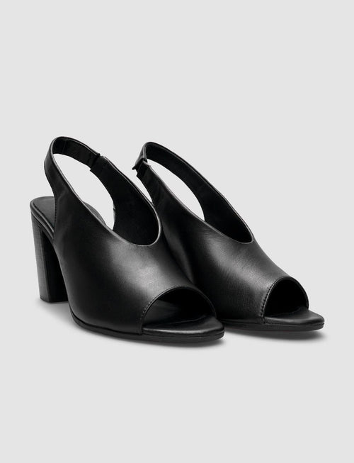 100% Genuine Leather Black Women's Heeled Sandals with Elastic Back